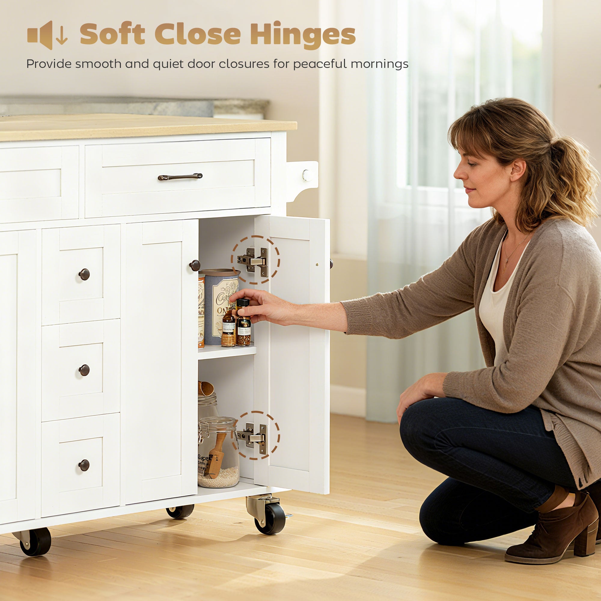 Kitchen Island Cart with Power Outlet & Drop Leaf, 55" Rolling Kitchen Island on Wheels with Storage, White