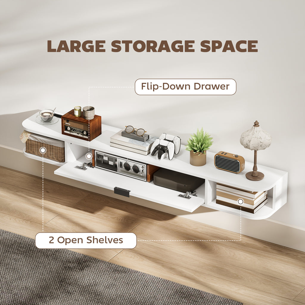 55" Floating TV Stand for TVs up to 60 Inch, Wall Mounted Media Console with Flip Drawer and 2 Open Shelves, White