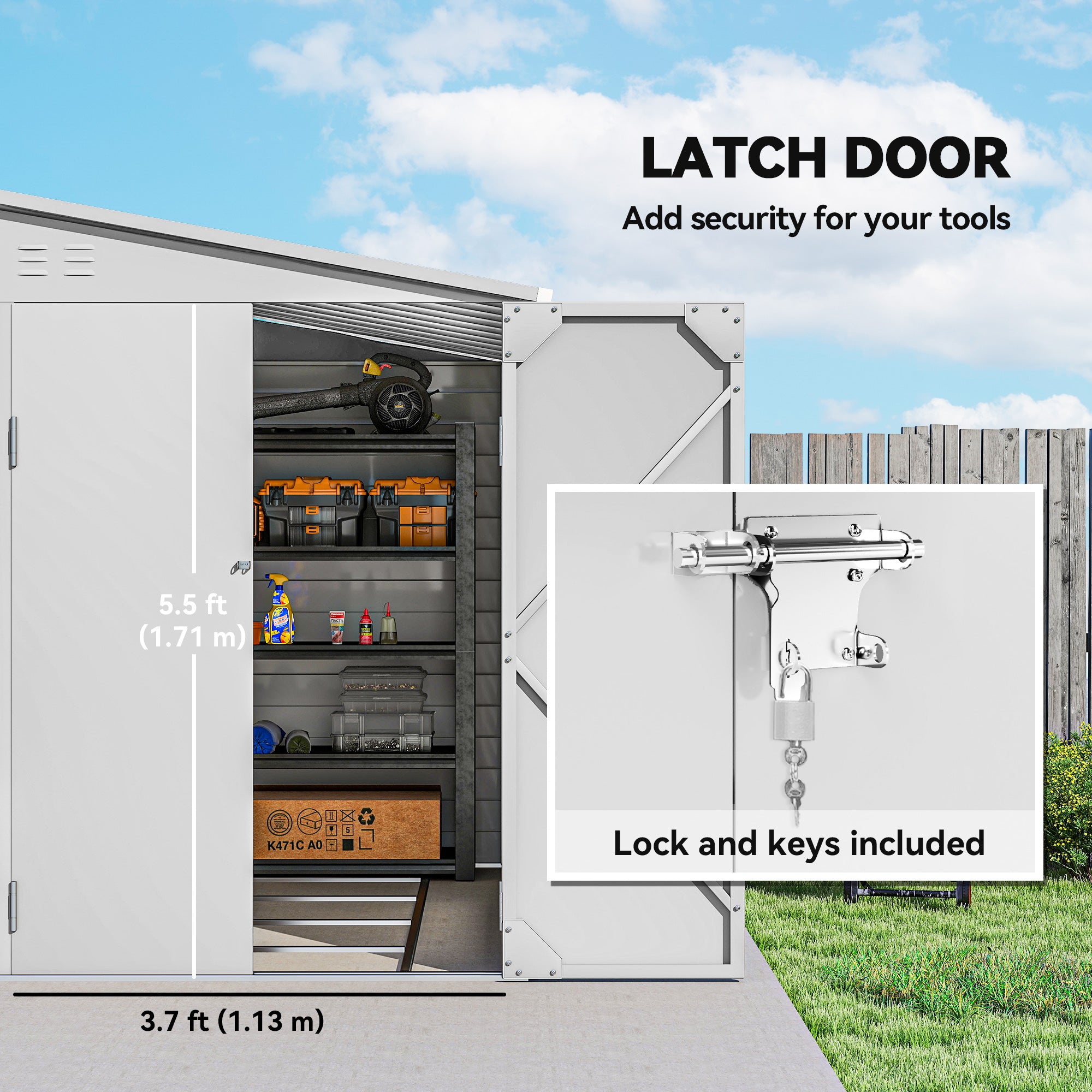 4.6' x 9' Steel Outdoor Storage Shed, Lean to Shed, Metal Tool House with Foundation Kit, Lockable Doors, Gloves and 2 Air Vents for Backyard, Patio, Lawn, White