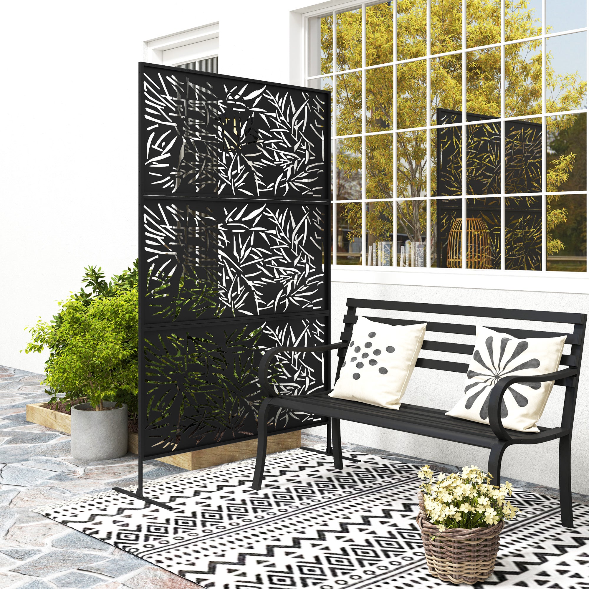 Metal Outdoor Privacy Screen, Freestanding Outdoor Divider with Stand, Decorative Privacy Panel, 78" x 48", Black
