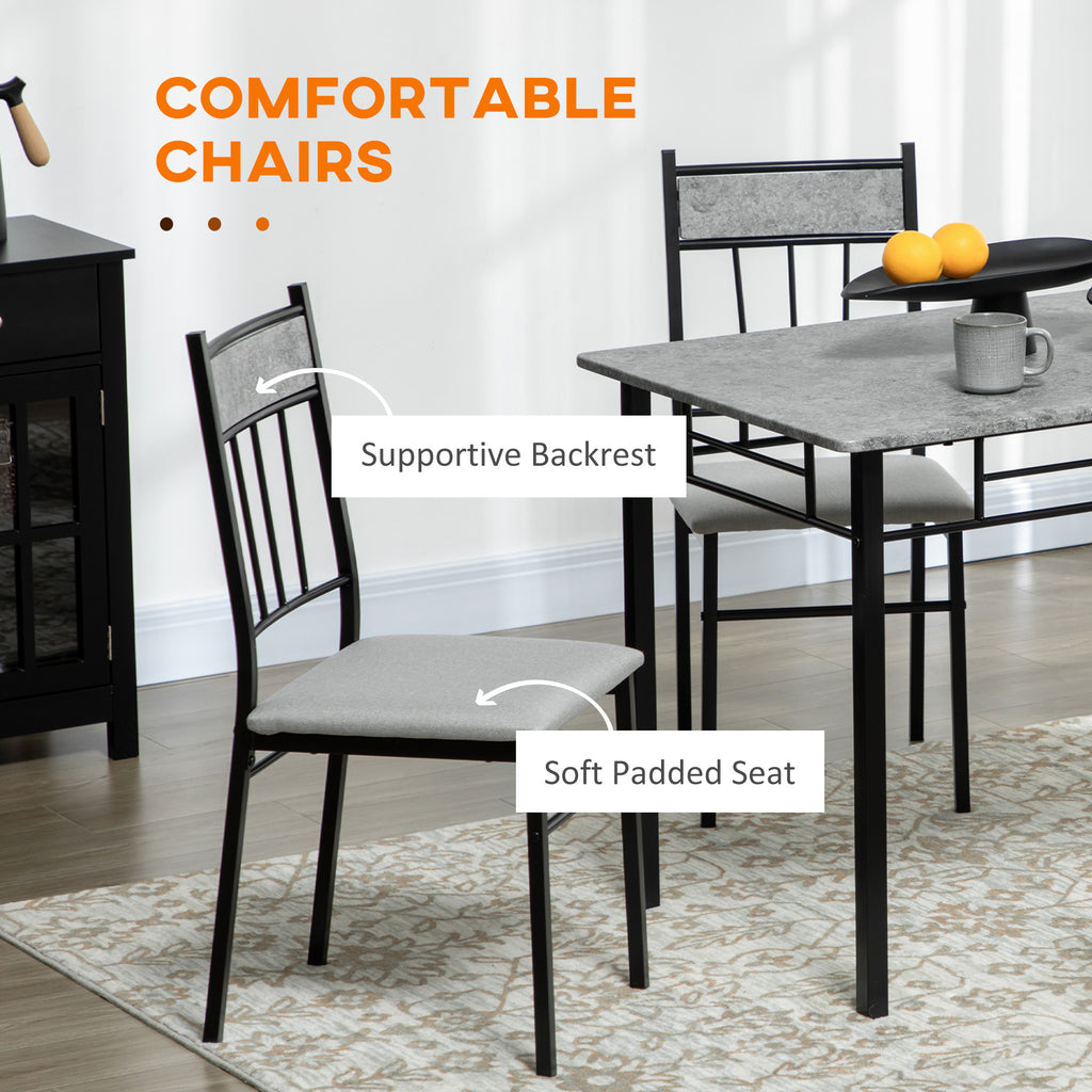5 Pieces Diner Tables Dining Room Sets for 4 People with Marble Effect Tabletop Padded Chairs and Metal Frame Grey