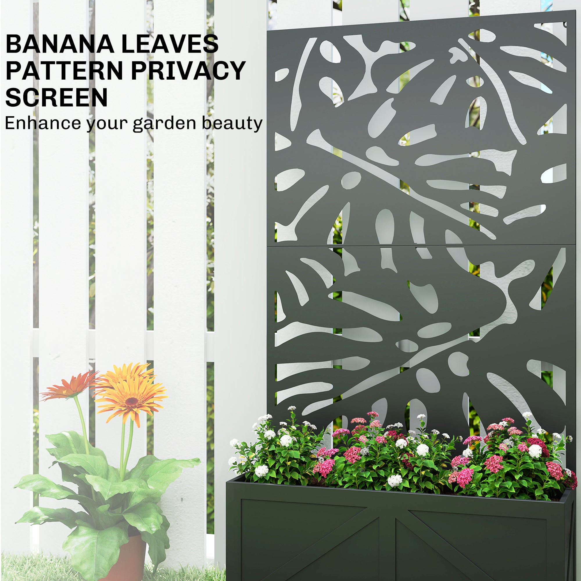 Metal Raised Garden Bed with Trellis for Climbing Plants, Freestanding or Wall Mounted Flower Bed with Privacy Panel