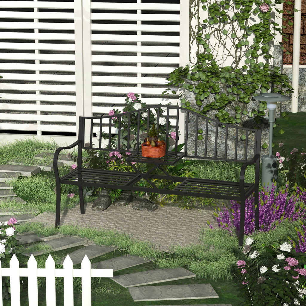 Outdoor Bench with Retractable Middle Table, Metal Frame Patio Loveseat with Slatted Seat and Backrest, Curved Armrests, Black