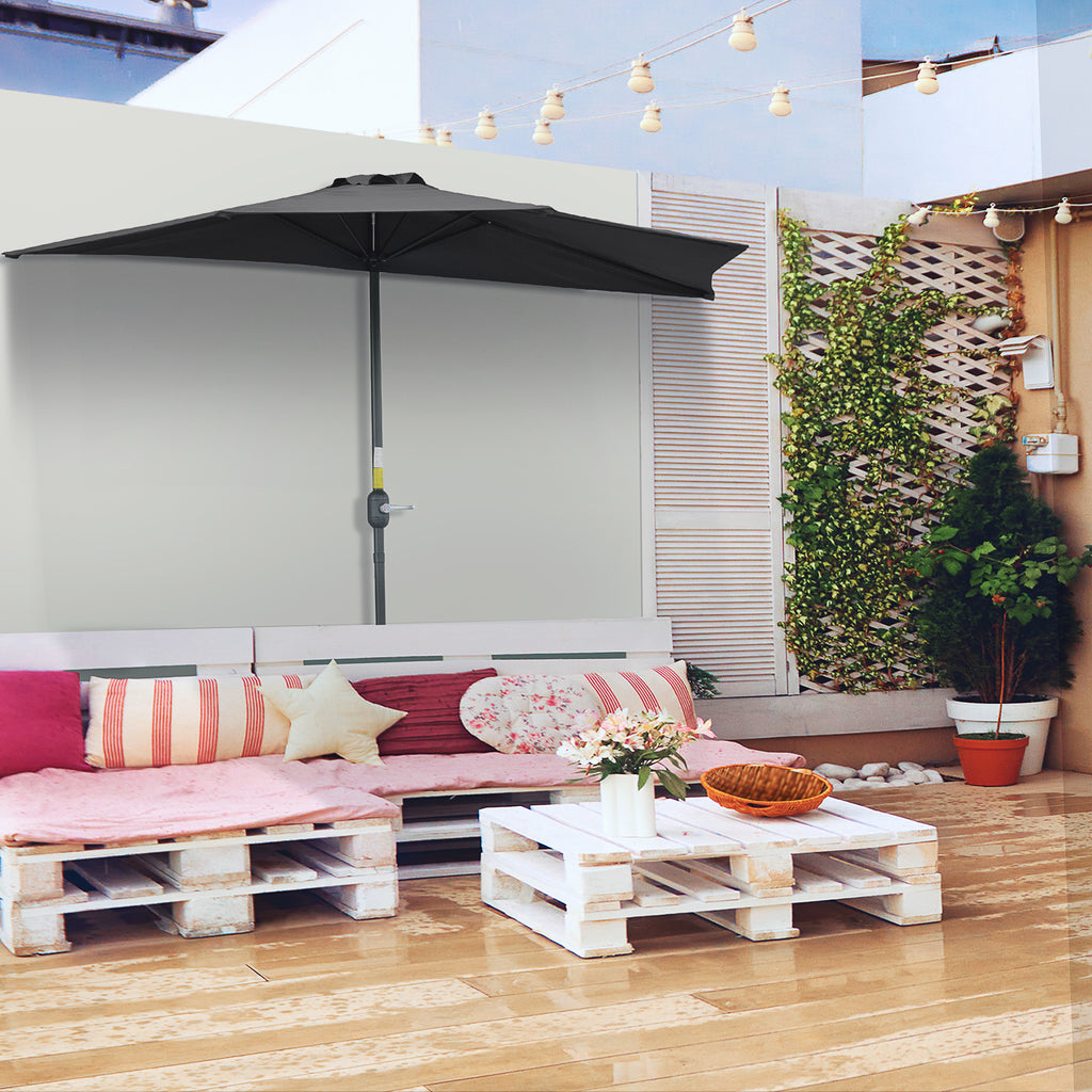 9ft Half Round Umbrella Outdoor Patio Garden Balcony Parasol Window Sun Shade w/ 5 Ribs Black
