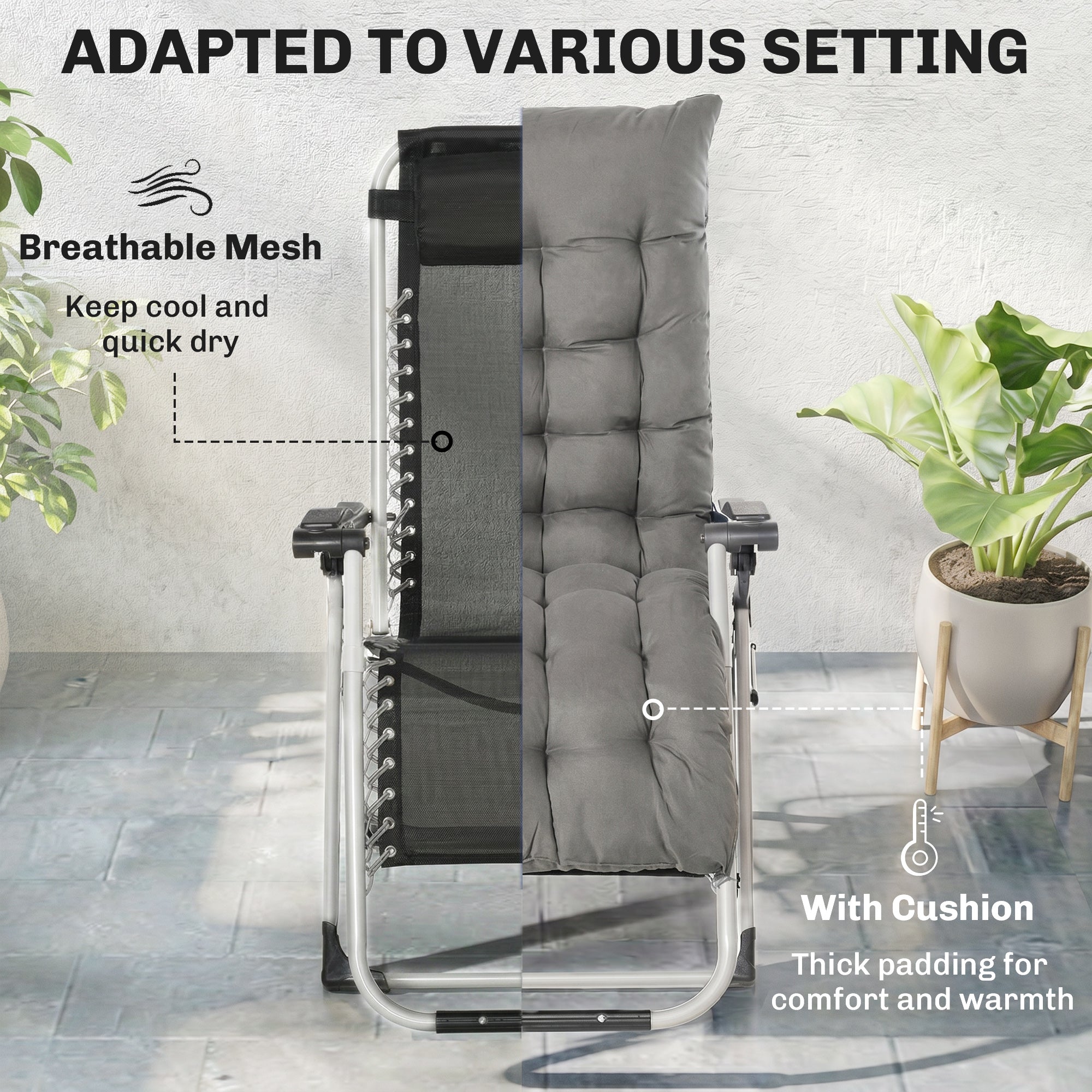 Reclining Zero Gravity Chair with Adjustable Backrest, Folding Garden Sun Lounger, Outdoor Recliner with Removable Cushion and Headrest, Dark Grey