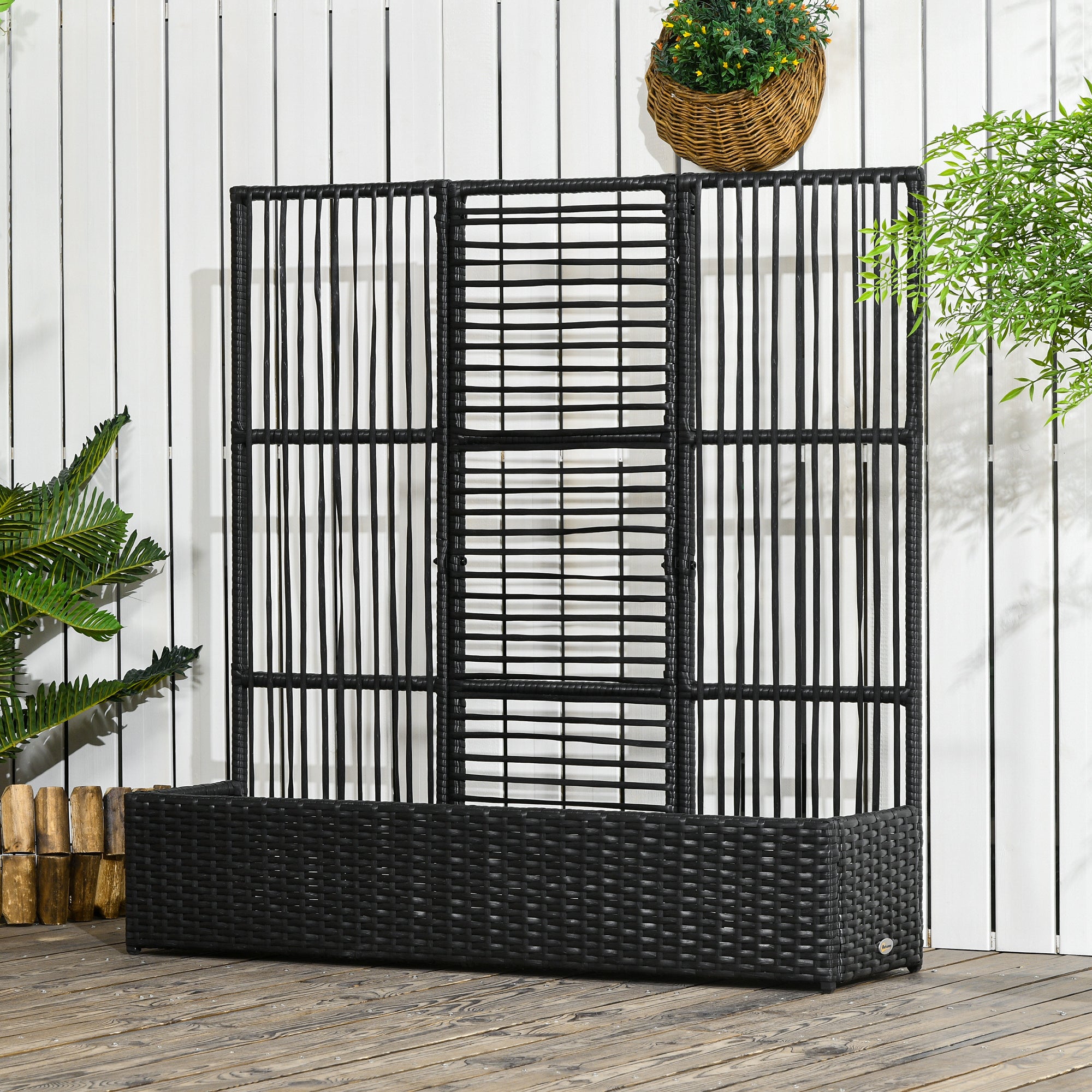 Raised Garden Bed with Lattice Trellis, Rattan Outdoor Planter with Storage for Garden, Patio, Balcony, Black
