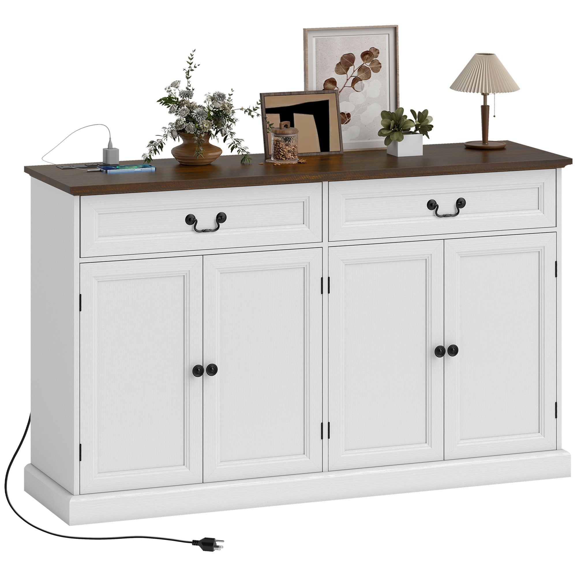 Buffet Cabinet, 55" Farmhouse Sideboard with Charging Station, 2 Drawers and 2 Adjustable Shelves, White Wood Grain