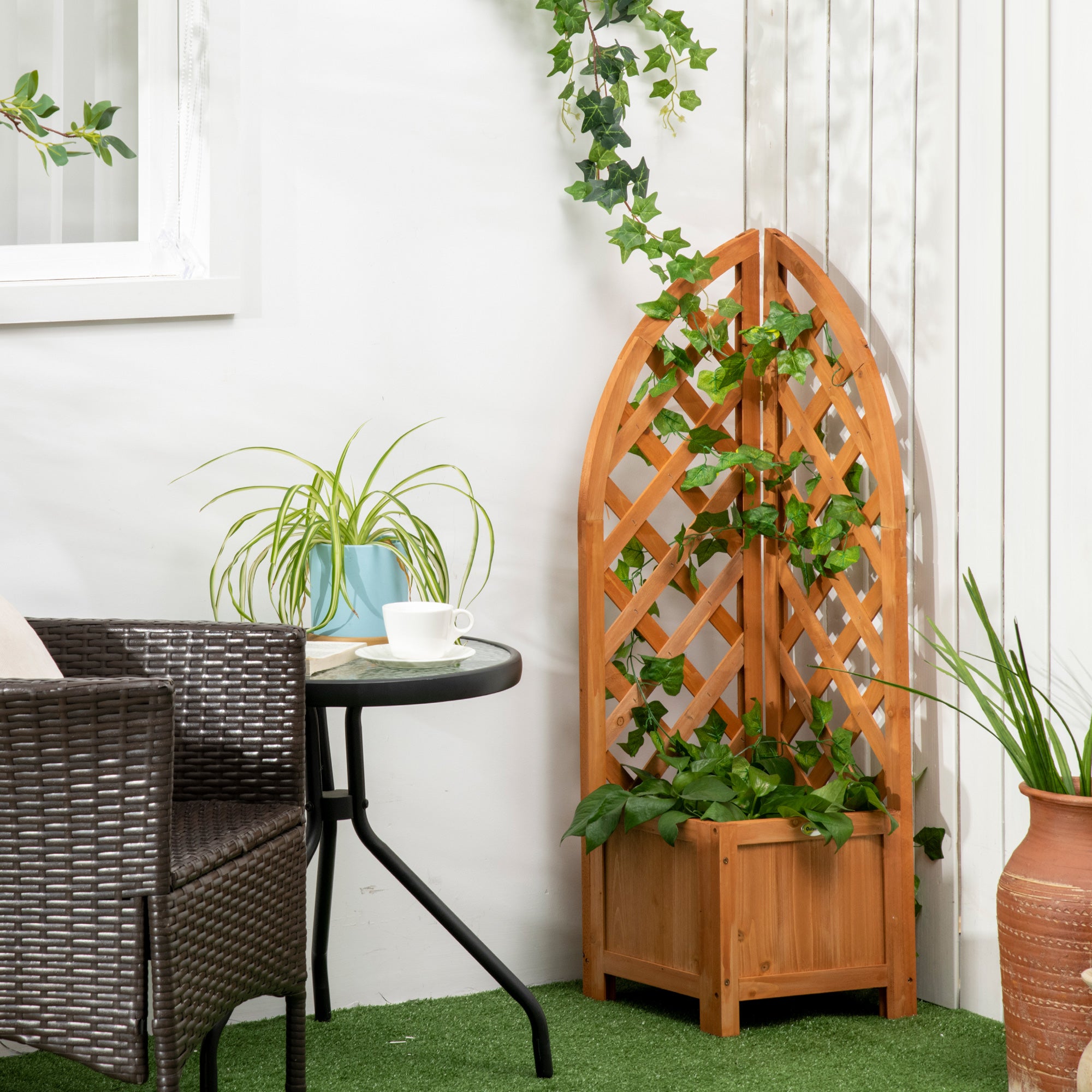 Raised Garden Bed with Trellis, Wooden Raised Planter Box with Corner Trellis, Outdoor Garden Bed for Patio & Balcony