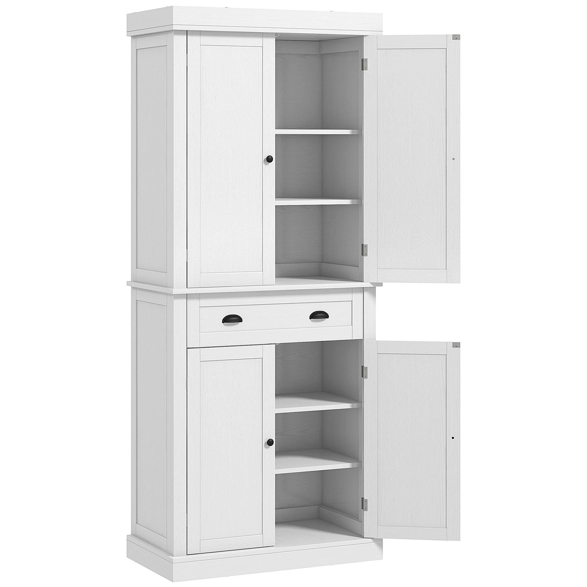 72" Tall Pantry Cabinet, Kitchen Storage Cabinet with 4 Doors, Drawer and 2 Adjustable Shelves, White