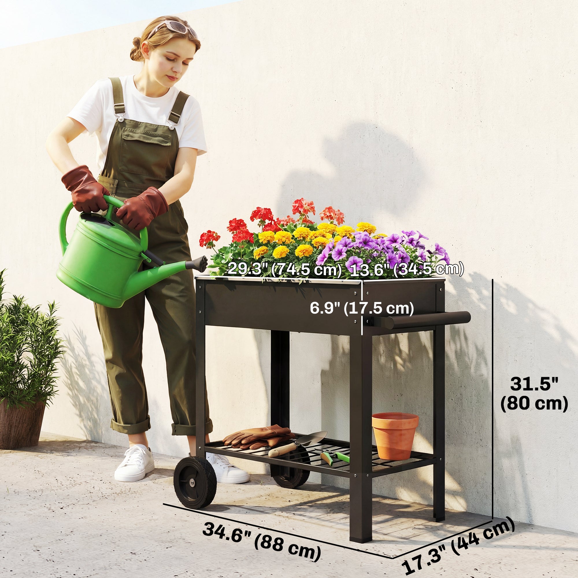 Metal Raised Garden Bed, Elevated Planter Box with 2 Wheels, Handle and Shelf, 31.5" Tall Raised Planter