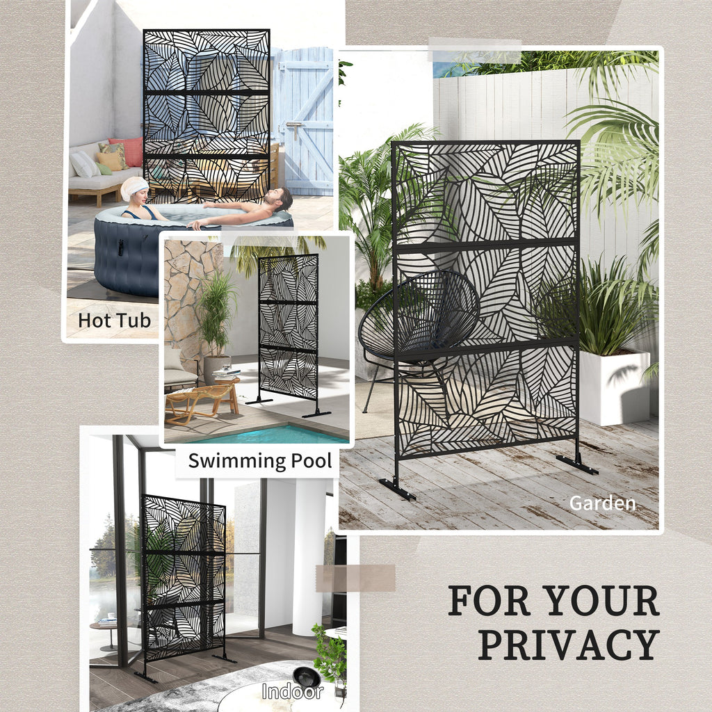 6.5FT Decorative Outdoor Divider, Metal Privacy Screen with Stand, Large Leaf Style, Black