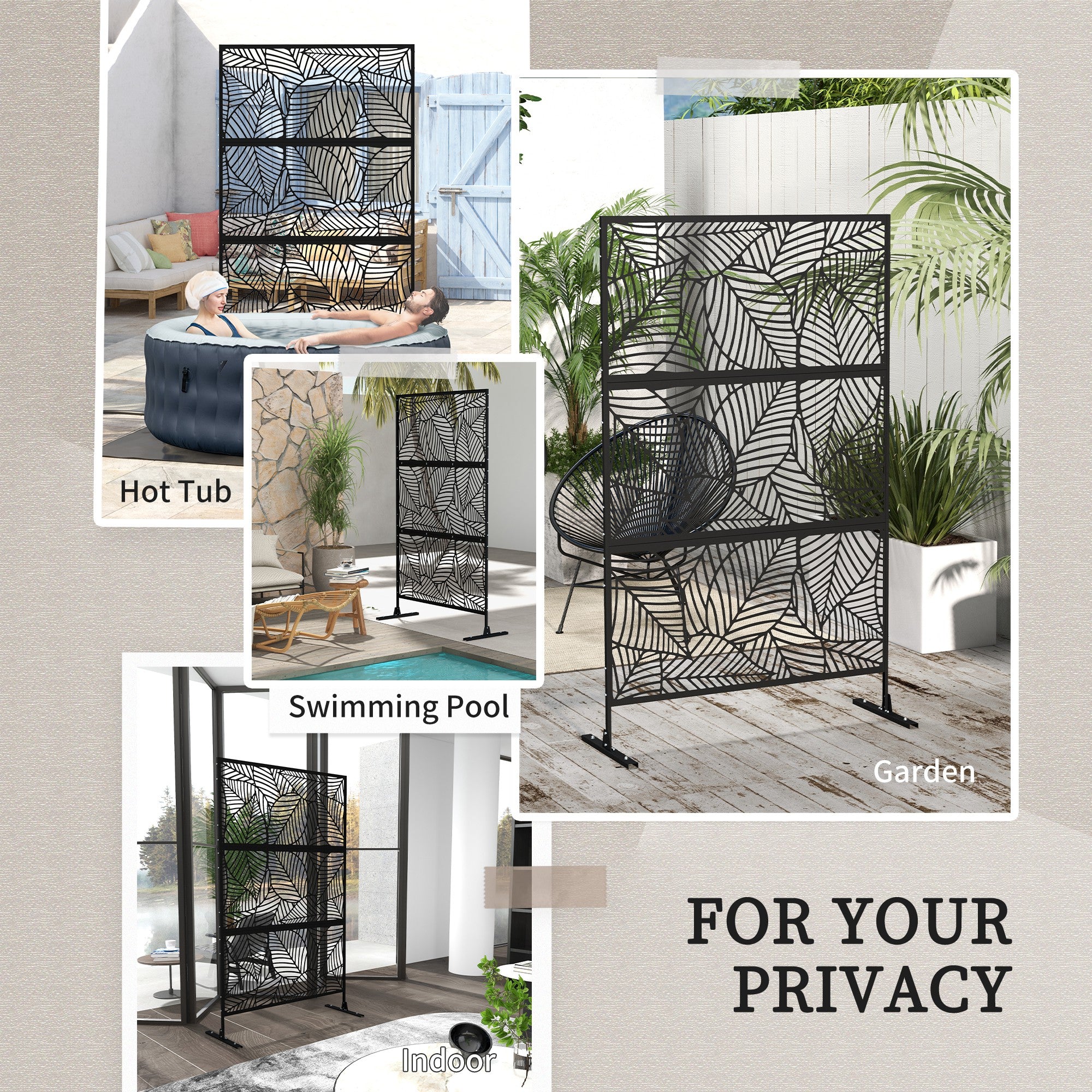 6.5FT Decorative Outdoor Divider, Metal Privacy Screen with Stand, Large Leaf Style, Black