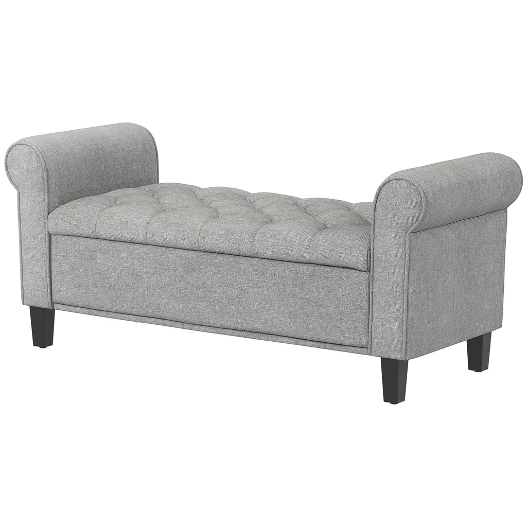 50 Inches Storage Ottoman, Upholstered Bedroom Bench with Rolled Arms and Button Tufted Storage, Light Grey