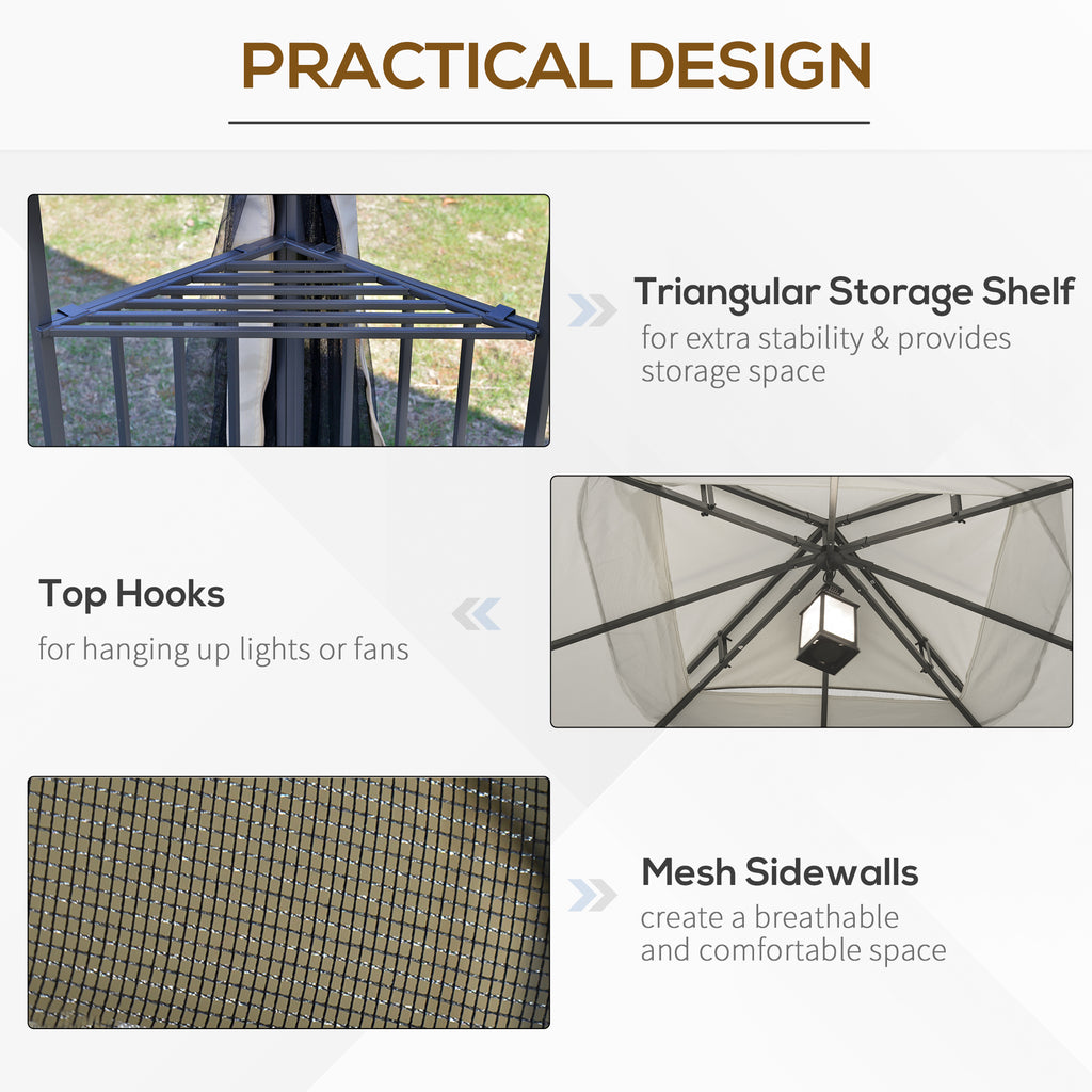 10'x10' Soft-top Patio Gazebo with Double Tier Roof, Mesh Curtains, Display Shelves, Top Hooks, Beige
