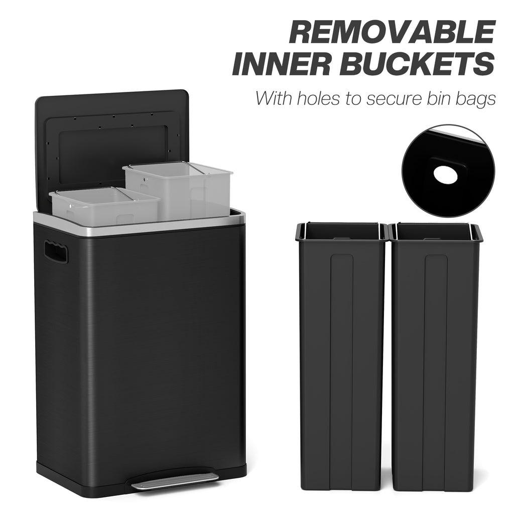 2x5.3 gal (2x20 L) Garbage Bin, Stainless Steel Garbage Can with Soft-Close Lid and Removable Inner Buckets, Black