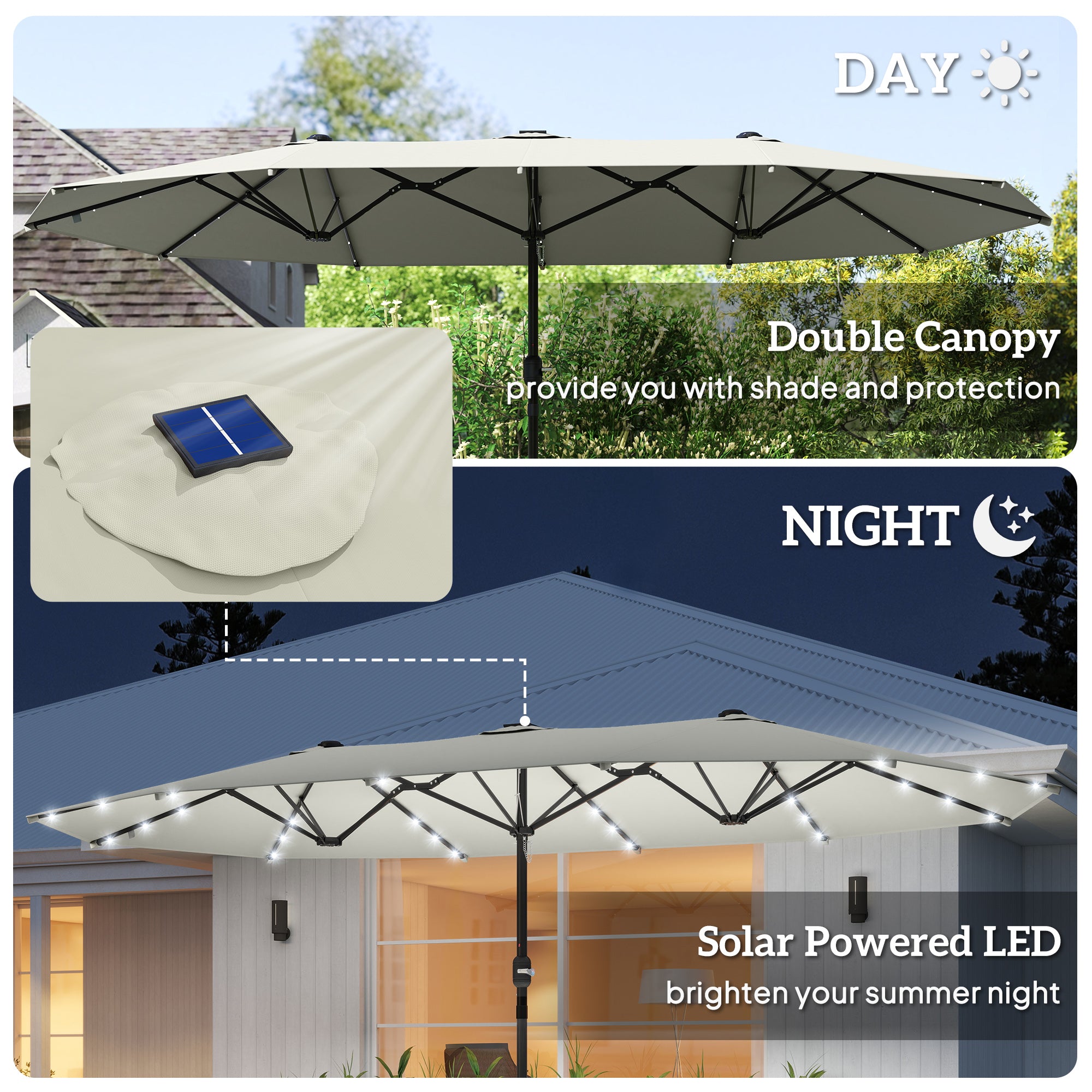 173" Double-Sided Sun Umbrella Garden Parasol Patio Sun Shade Outdoor with LED Solar Light, Cream White