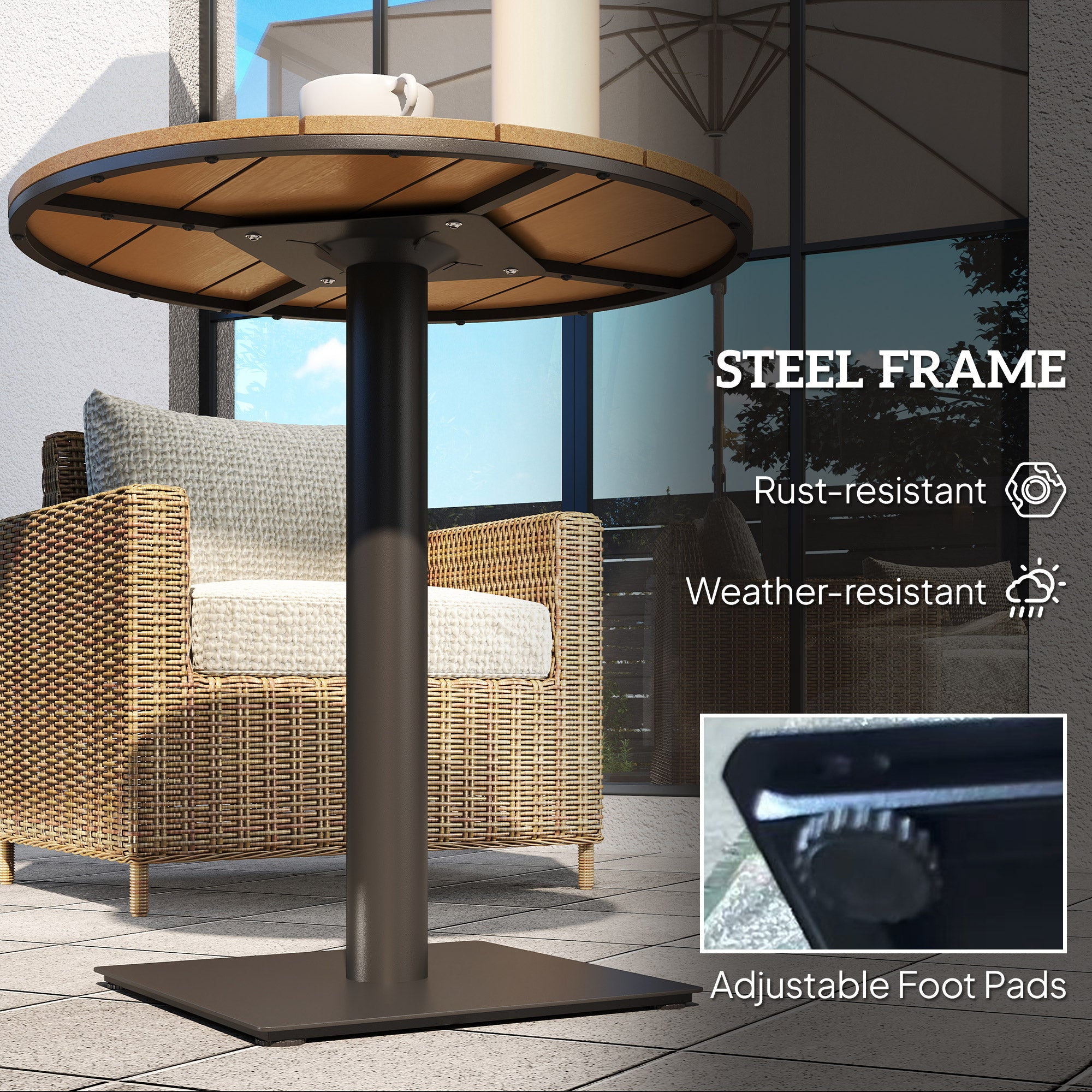 Outdoor Side Table, 28" Weather Resistant Round Patio Table with Slatted Design for Garden, Terrace, Balcony, Natural