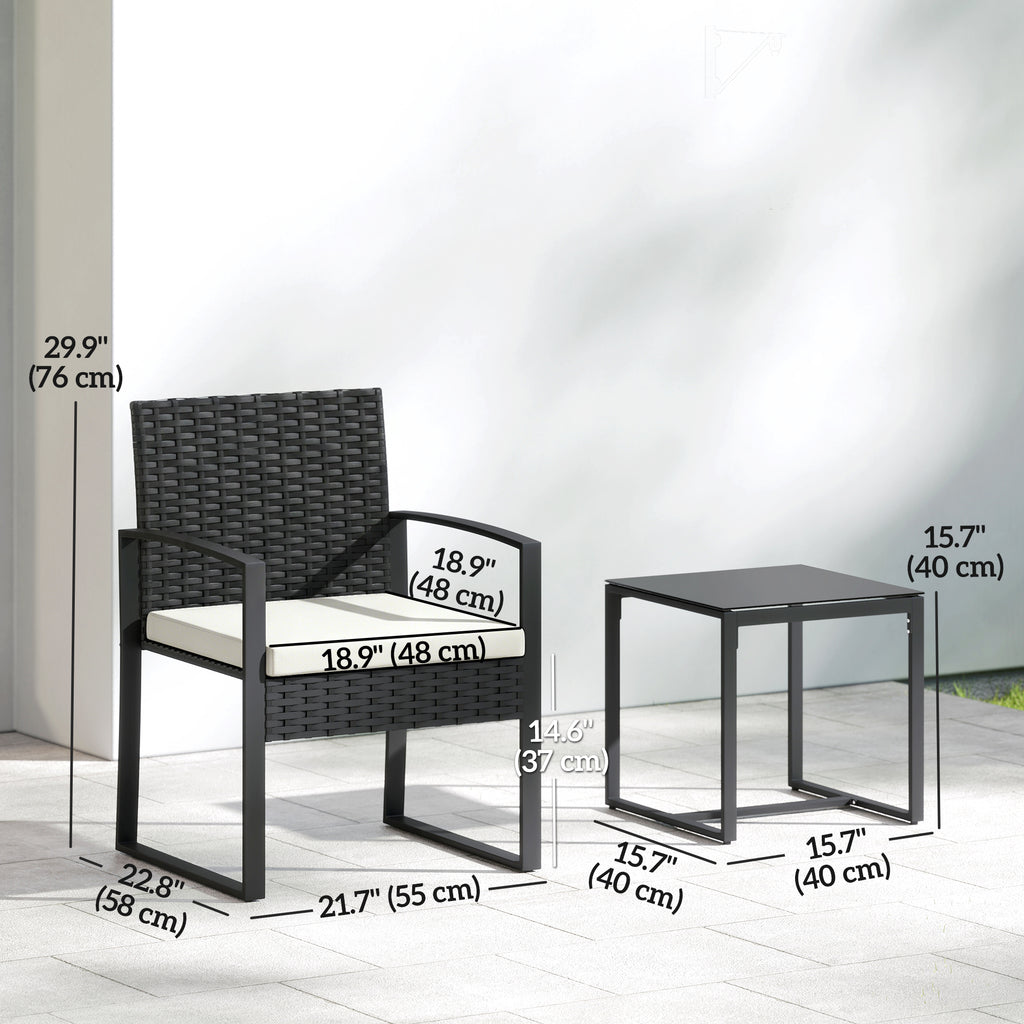 Outdoor Bistro Set, 3 Piece Wicker Patio Furniture Set with Glass Top Table and Cushions for Porch, Balcony, Cream White