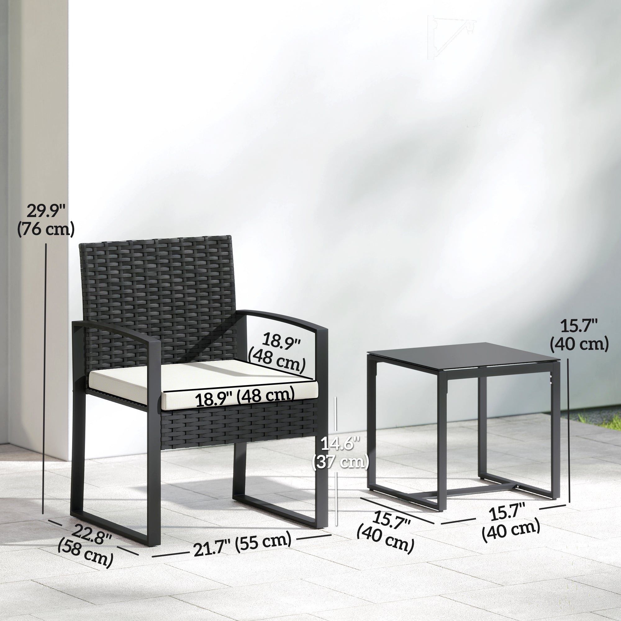 Outdoor Bistro Set, 3 Piece Wicker Patio Furniture Set with Glass Top Table and Cushions for Porch, Balcony, Cream White