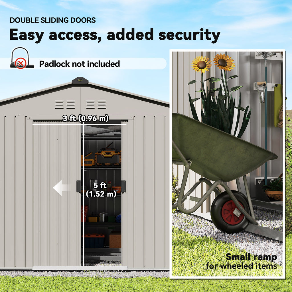 9.1' x 6.4' x 6.3' Garden Storage Shed w/ Foundation Kit Metal Tool Storage House w/ Double Doors Grey