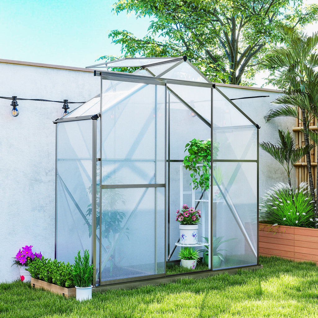6' x 2.5' Walk-in Polycarbonate Greenhouse Aluminium Green House with Sliding Door, 5-Level Roof Vent, Rain Gutter