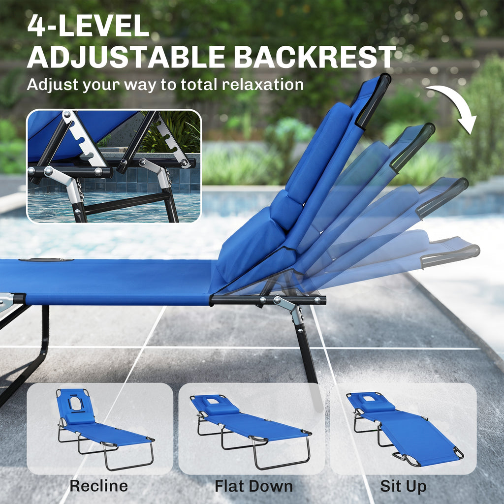 Folding Chaise Lounge Chair, Reclining Beach Tanning Chair with Face Hole, Pillow, 4-Position Adjustable Lay Flat Sun Lounger, Steel Frame for Outdoor Patio Pool, Blue