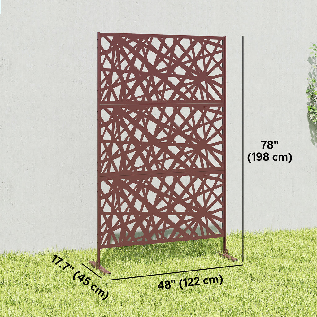 Metal Outdoor Privacy Screen, Freestanding Outdoor Divider with Stand, 78" x 48", Dark Brown