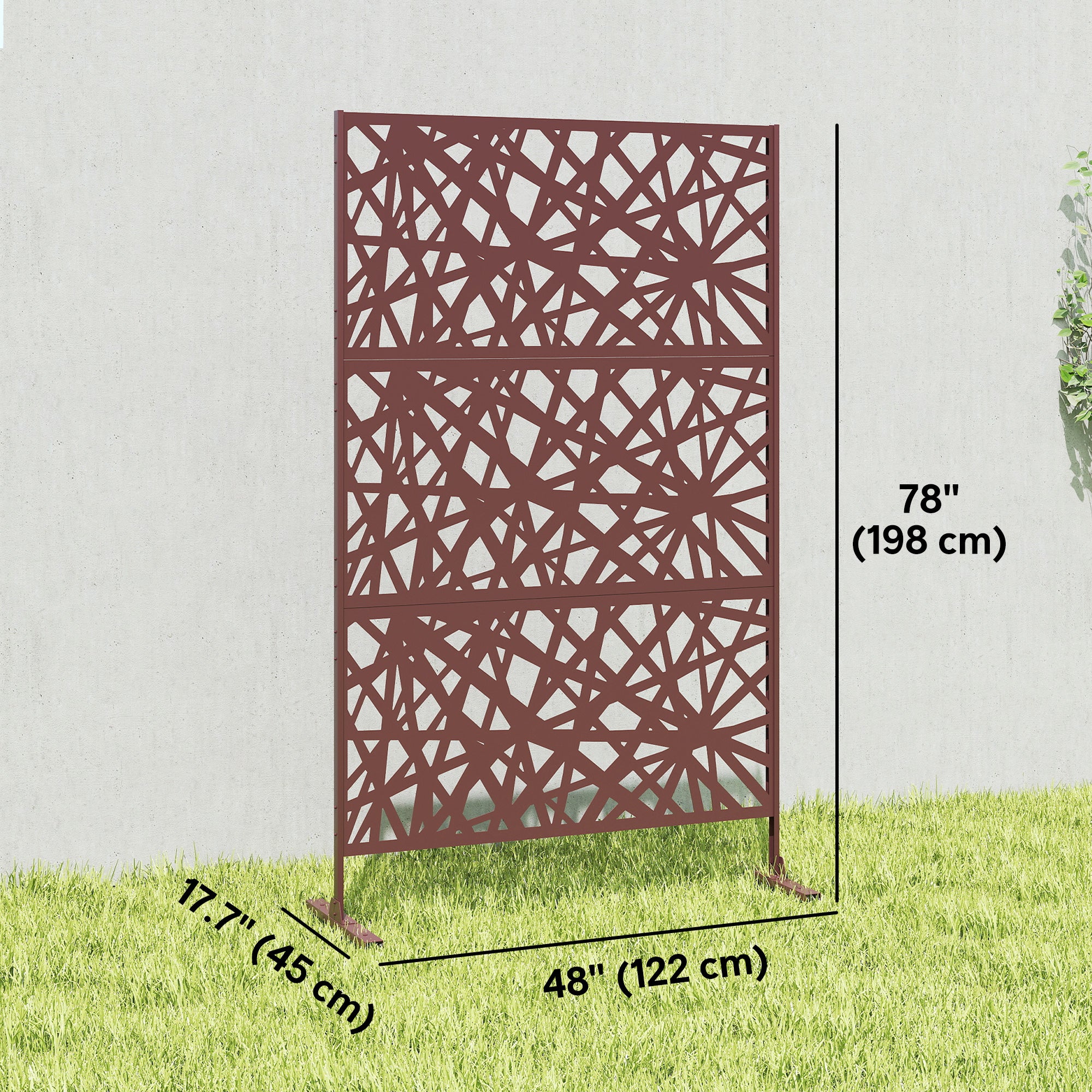 Metal Outdoor Privacy Screen, Freestanding Outdoor Divider with Stand, 78" x 48", Dark Brown