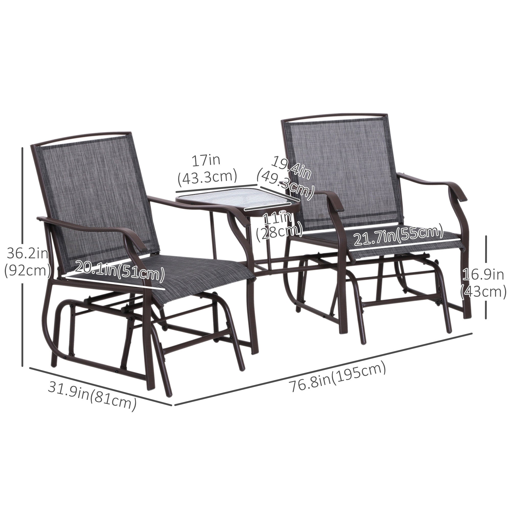 Double Patio Glider Chair with Glass Top Center Table, Outdoor Glider Loveseat with High Back,  All Weather Breathable Mesh Fabric for Garden, Backyard, Deck, Grey