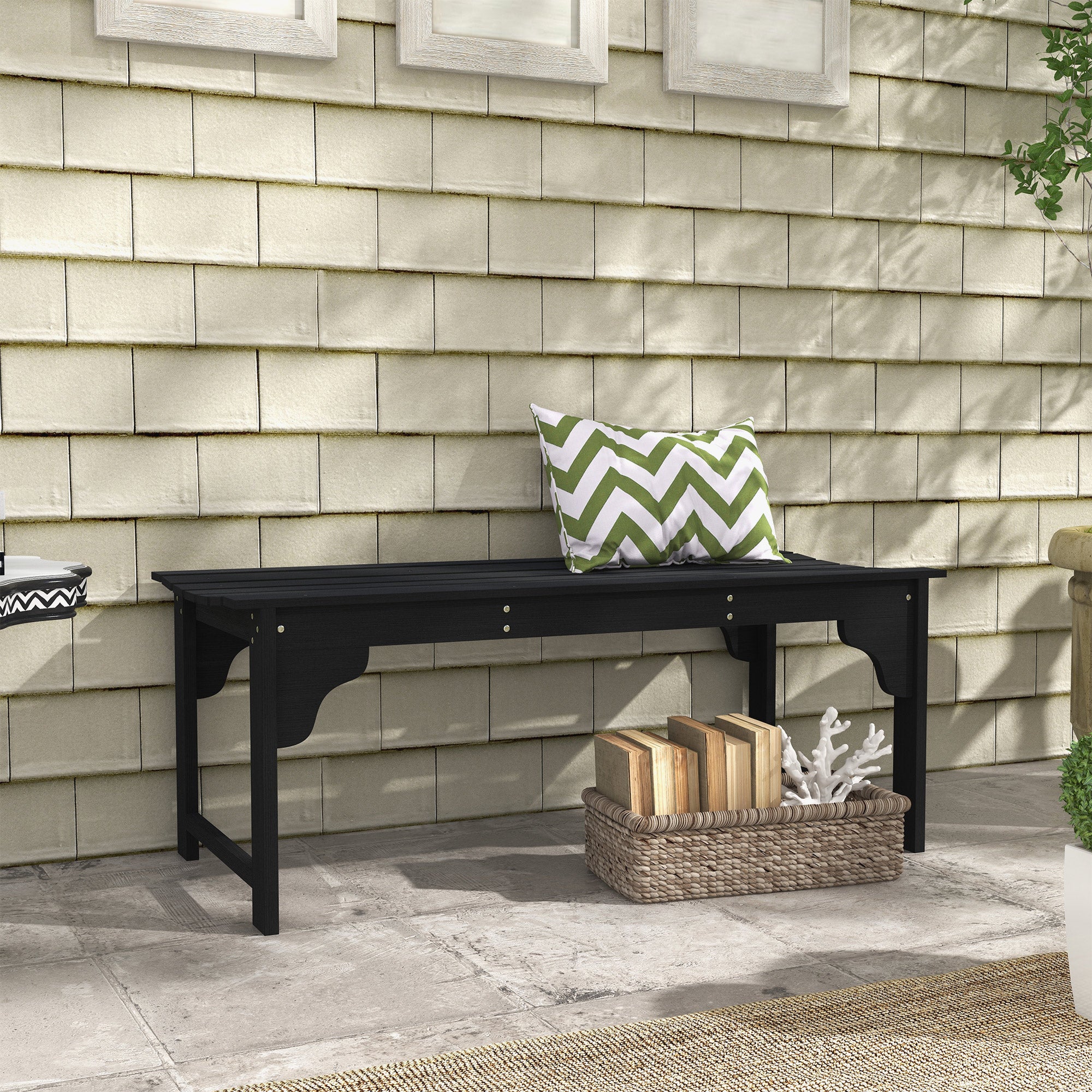 Wooden Garden Bench, Patio Double Park Bench with Slatted Seat, Front Porch Backless Bench, Black