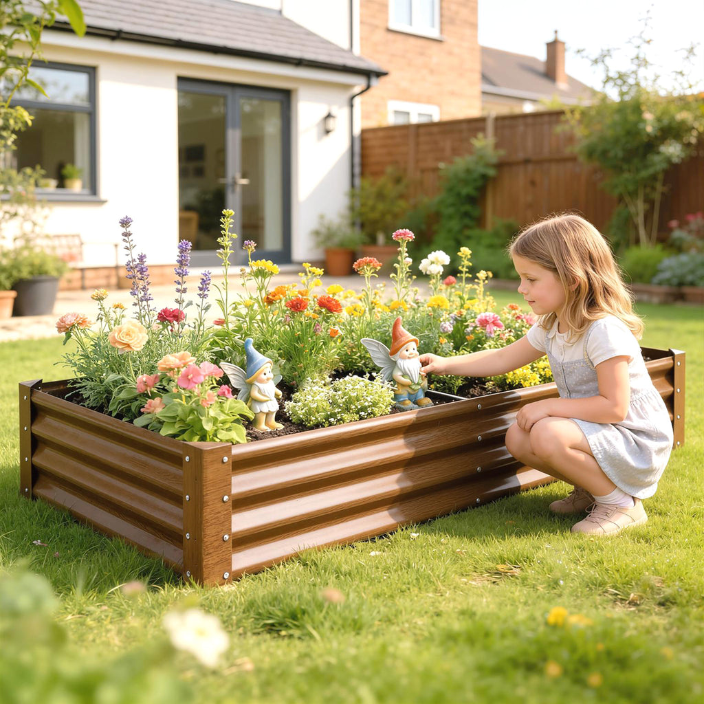 6 x 3 x 1ft Galvanized Raised Garden Bed, Reinforced Outdoor Planter Box with Open Bottom,, Wood-Effect