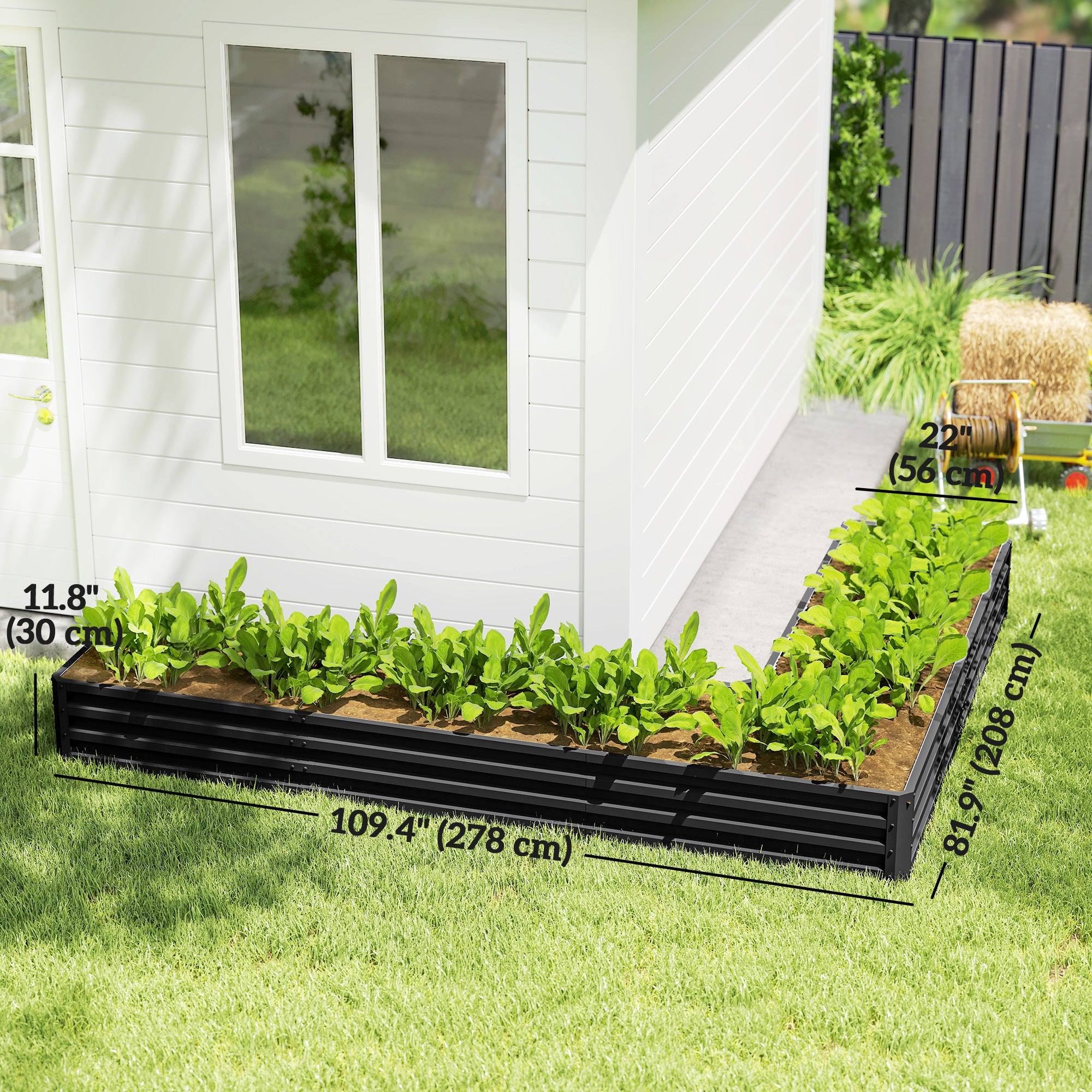 L-Shaped Raised Garden Bed, 82" x 109" x 12" Galvanized Steel Planter Box with Multi-reinforced Rods for Vegetables, Flowers and Herbs, Black
