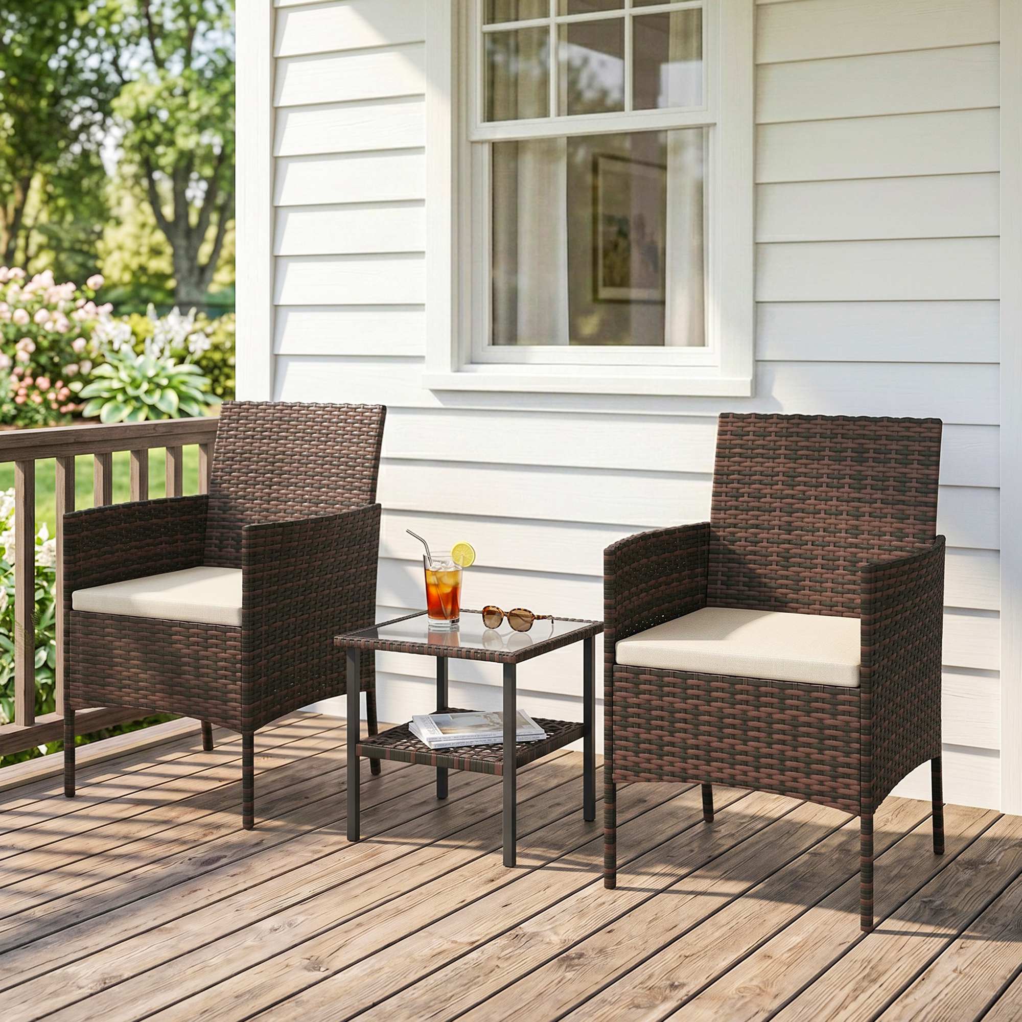 Wicker Bistro Set, 3 Piece Patio Furniture Set with 2-Tier Glass Top Table, Cushions for Balcony, Porch, Khaki