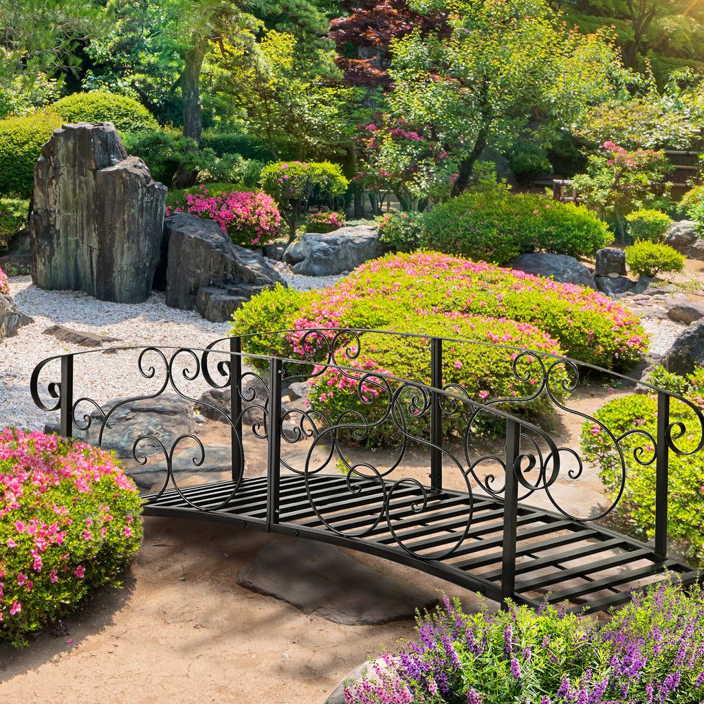 6FT Steel Garden Bridge with Safety Siderails, Decorative Arc Landscaping Bridge for Backyard Creek Stream Pond, Black