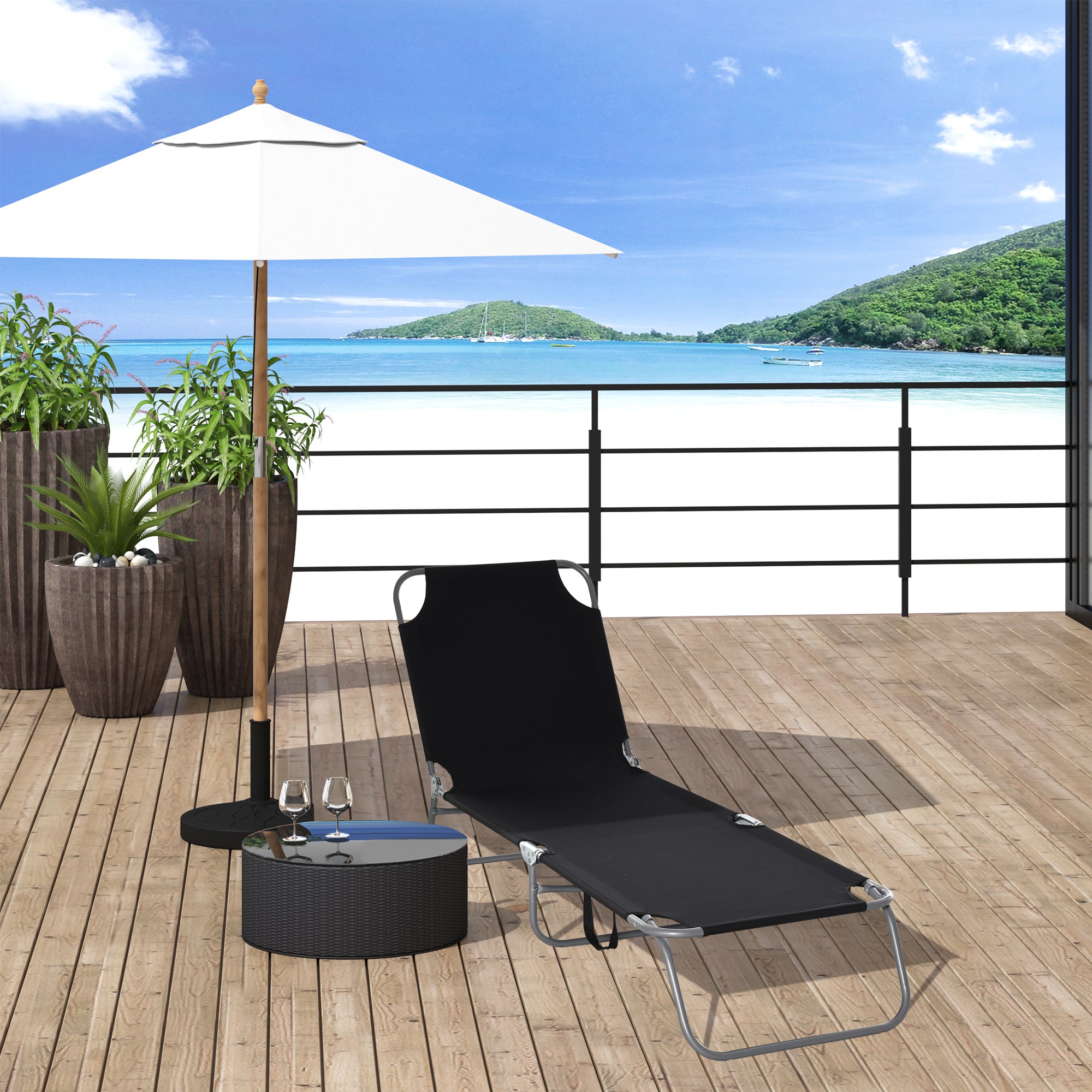 Outdoor Folding Chaise Lounge, Reclining Lounge Chair with Adjustable Backrest and Breathable Mesh Fabric, Black