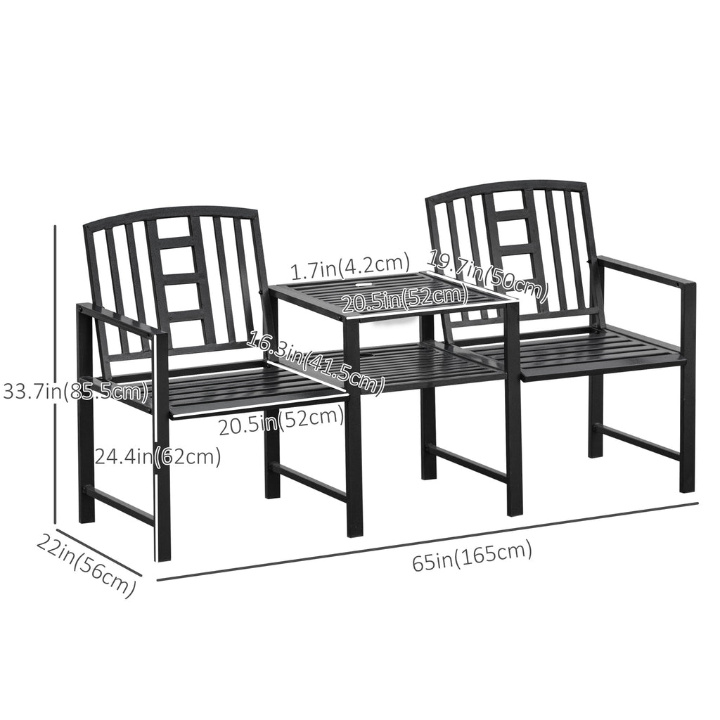 Steel Garden Bench w/ Middle Table, Umbrella Hole, Double Seat for Outdoor, Patio, Backyard  Weather-Resistant Frame, Black