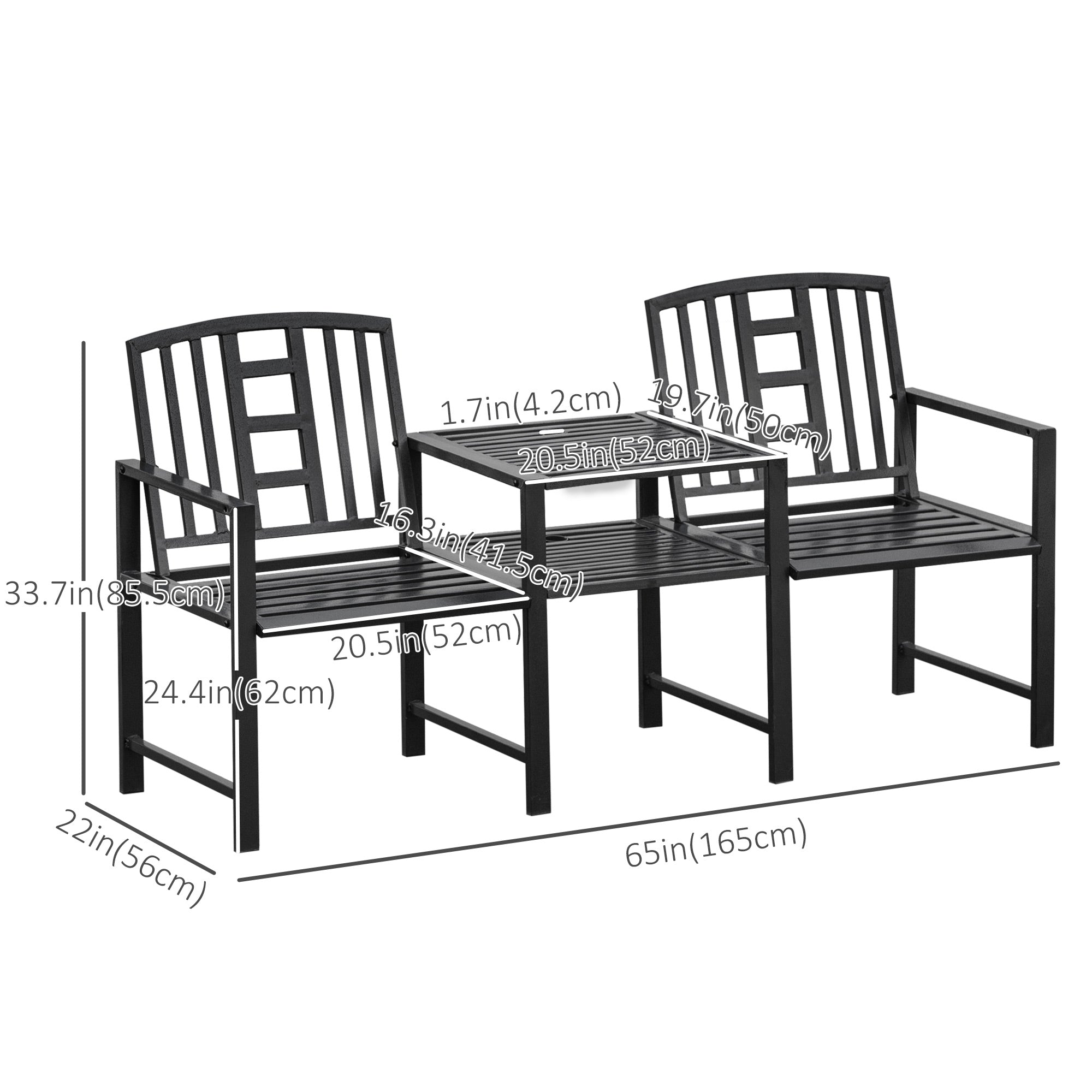 Steel Garden Bench w/ Middle Table, Umbrella Hole, Double Seat for Outdoor, Patio, Backyard  Weather-Resistant Frame, Black