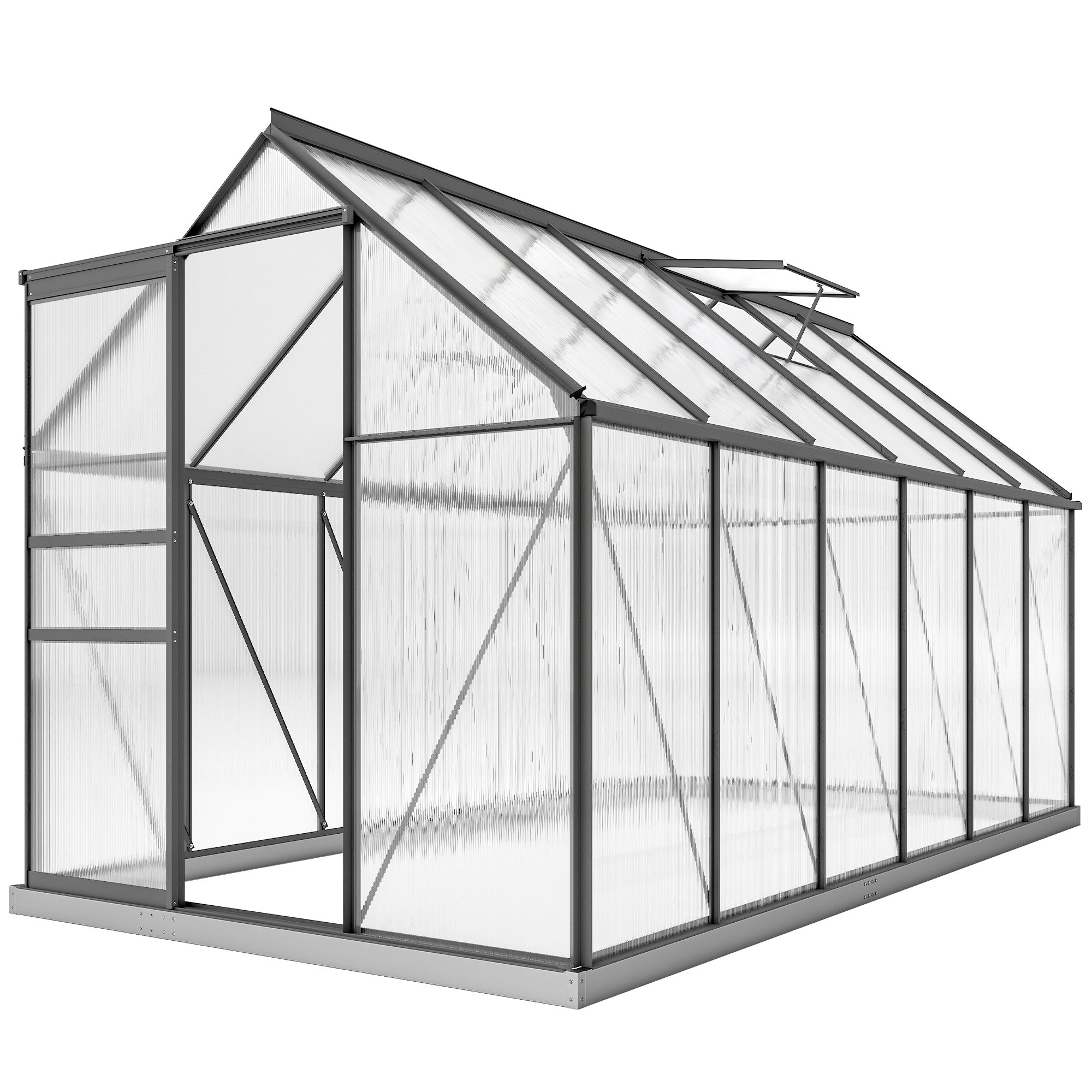 6' x 12' x 6.5' Polycarbonate Greenhouse, Walk-in Green House with Aluminum Frame Adjustable Roof Vent Galvanized Base Sliding Door Rain Gutter for Outdoor Garden, Grey