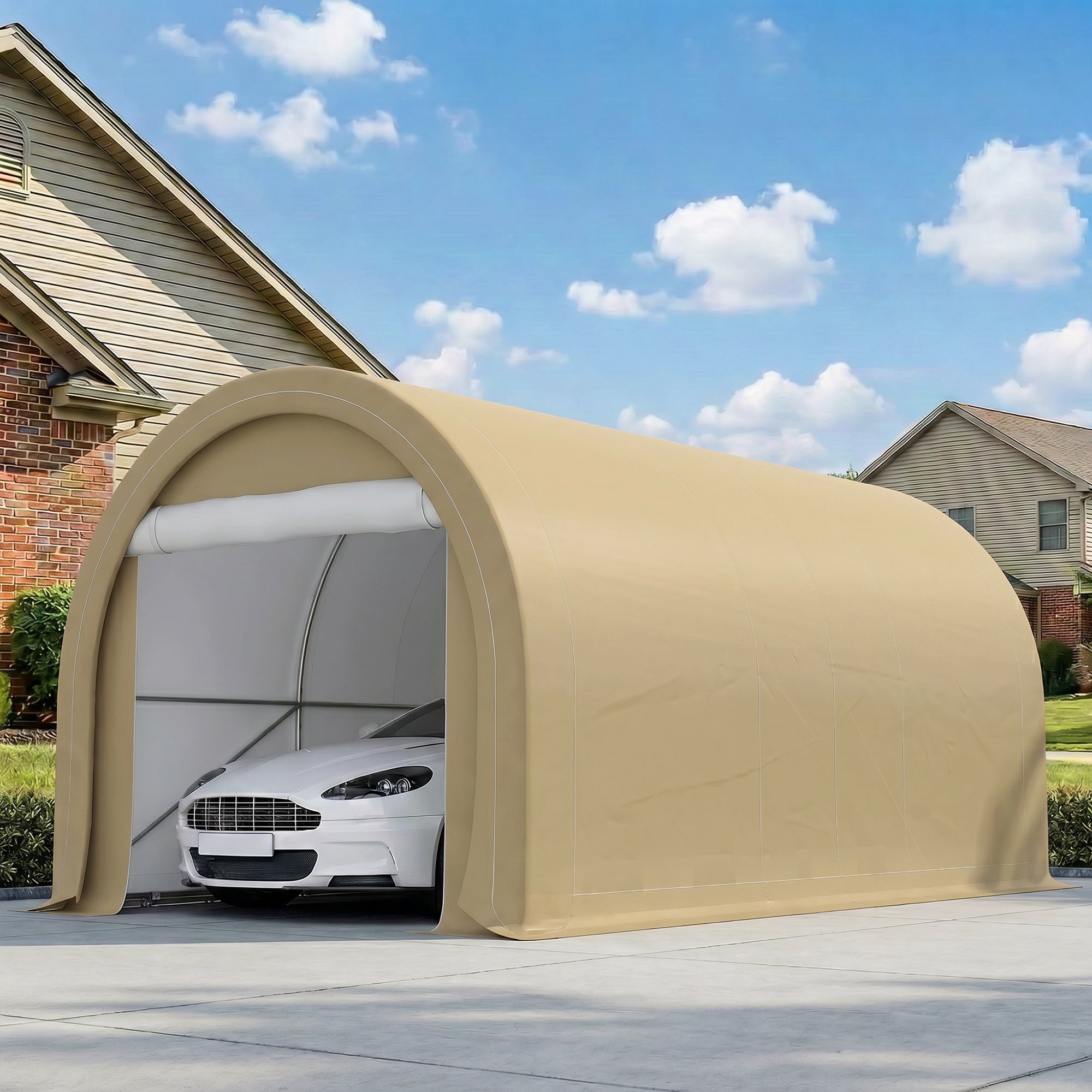10' x 16' Heavy Duty Portable Carport Tent with Zippered Door, PE Cover for Car, Boat, Motorcycle, Bike, Beige