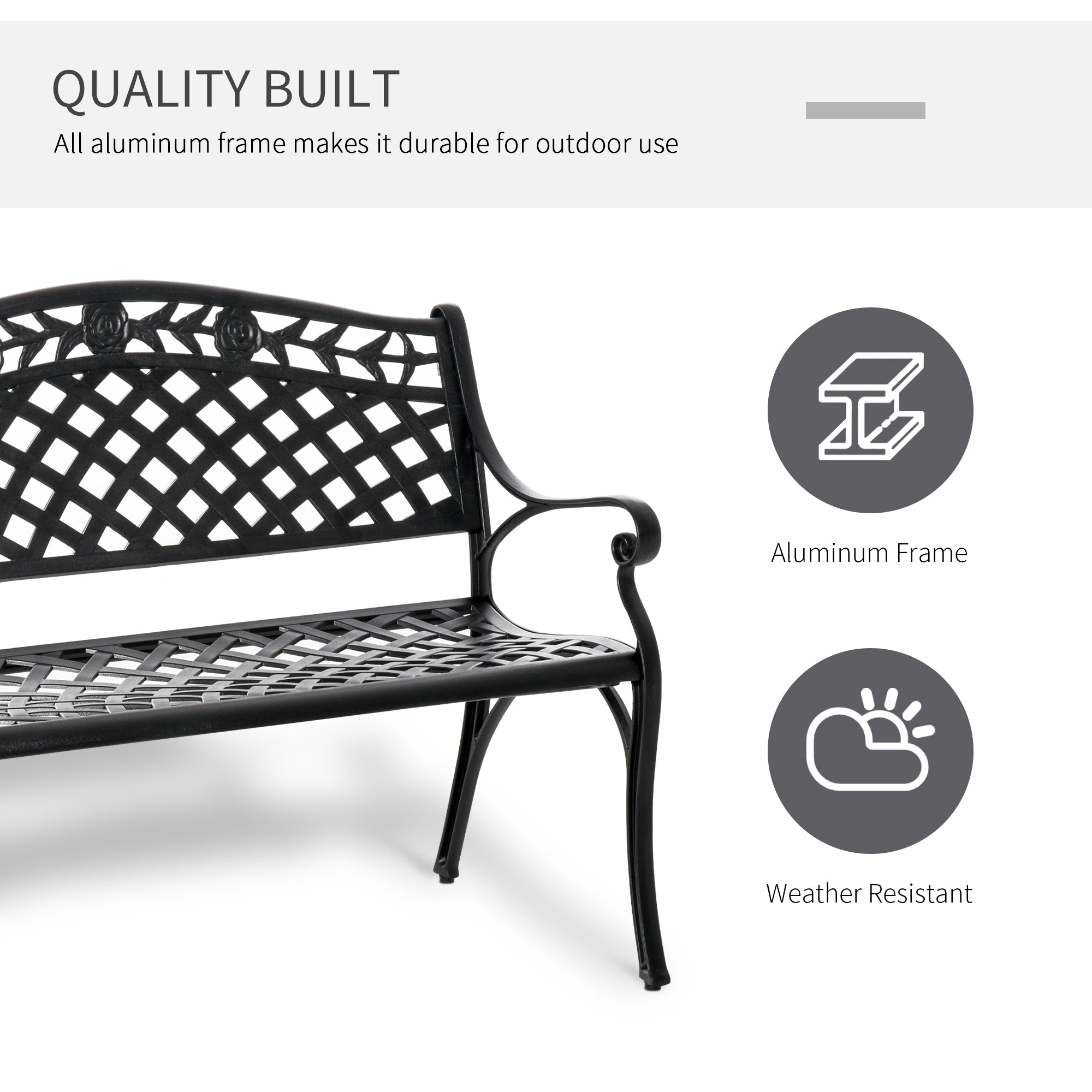 Outdoor Garden Bench, 40" Patio Bench with Aluminum Frame and Armrests, 2-Person Patio Loveseat with Floral Pattern for Park, Porch, Yard, Lawn, 485 LBS Capacity
