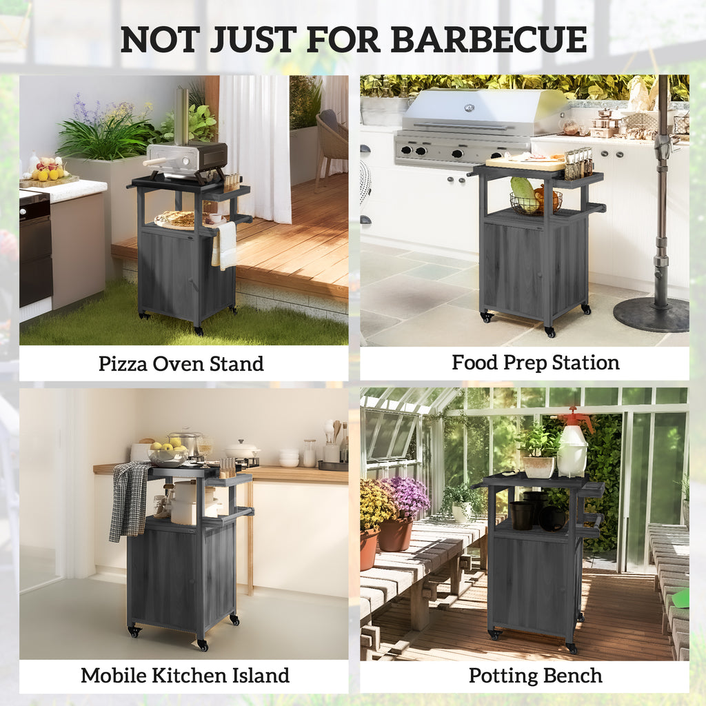 Grill Table with Stainless Steel Top, Pizza Oven Table with Storage Cabinet, Spice Rack, Wheels, Handle, Dark Grey