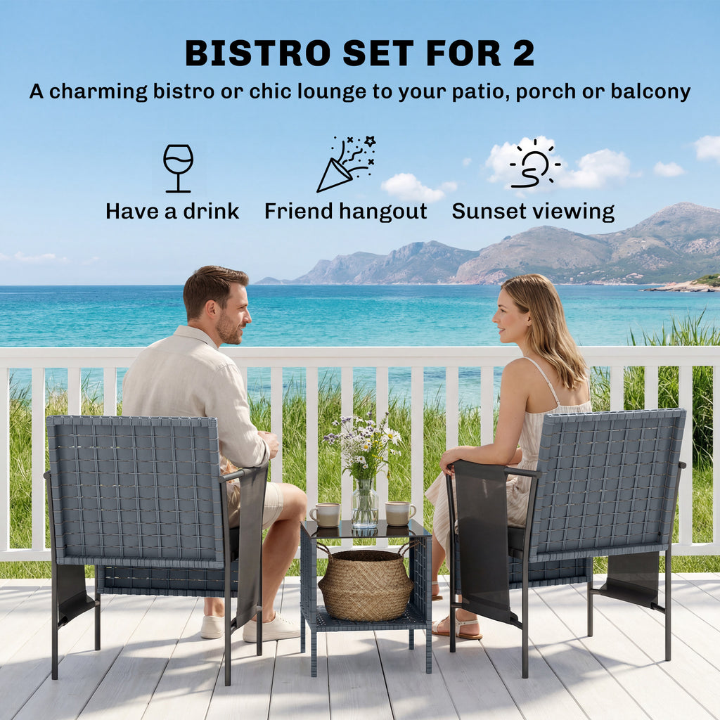 3 Piece Wicker Patio Furniture Set, Outdoor Bistro Set, Side Pockets, Mesh Seat, 2 Tier Glass Table, Cushions, Black
