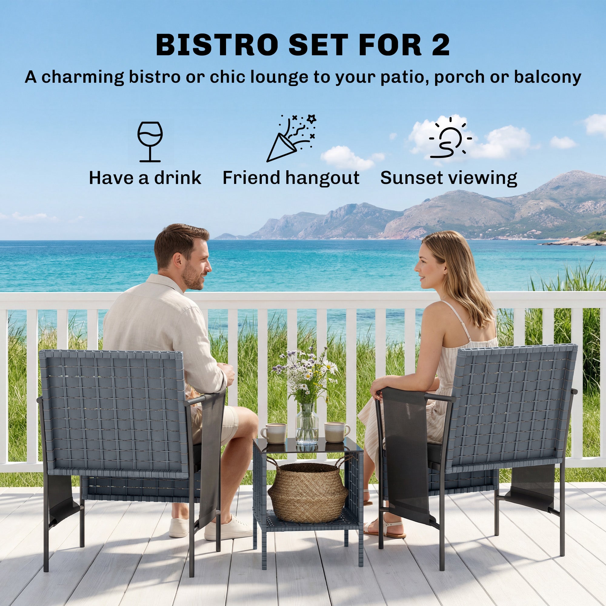 3 Piece Wicker Patio Furniture Set, Outdoor Bistro Set, Side Pockets, Mesh Seat, 2 Tier Glass Table, Cushions, Black