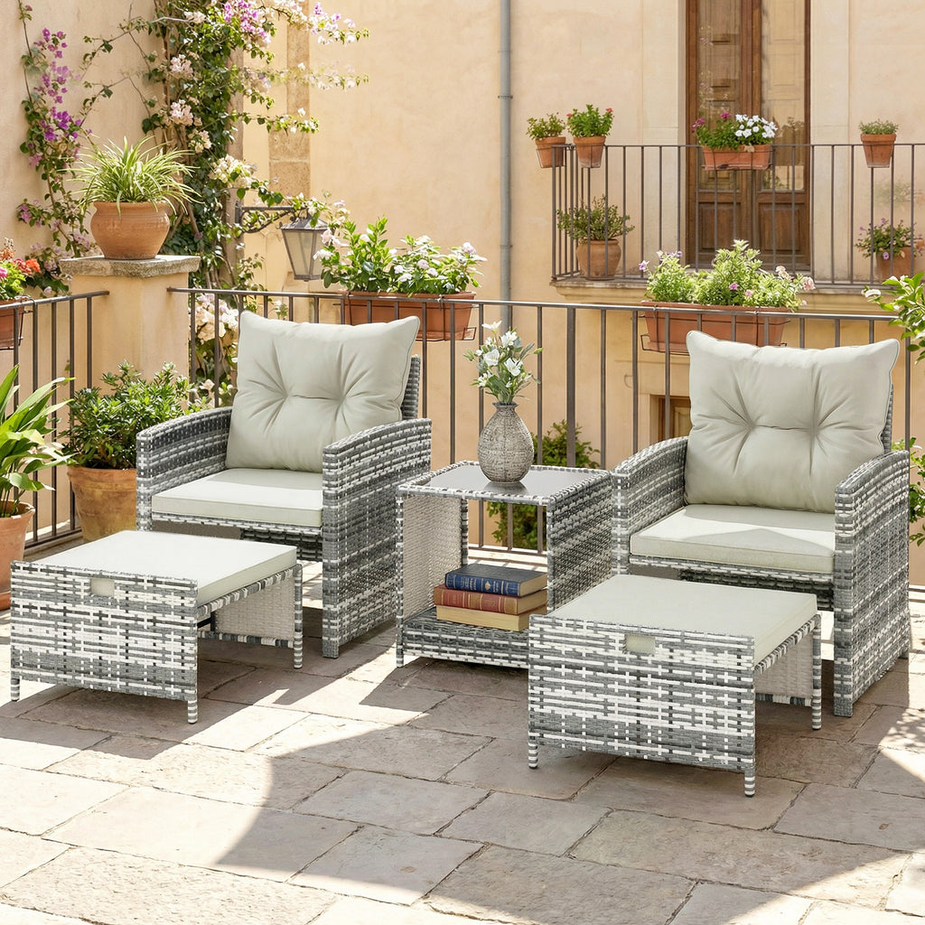 5 Piece Patio Furniture Set, Wicker Patio Chairs with Ottomans, 2-Tier Glass Coffee Table and Cushions, Grey/Cream White