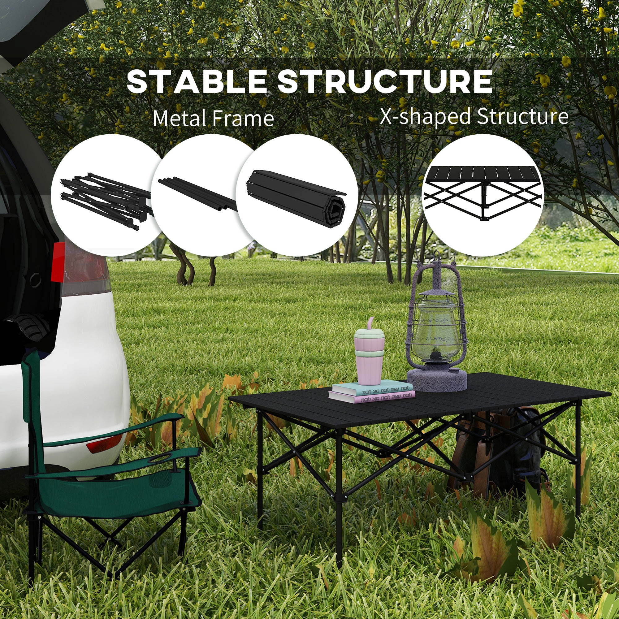 Folding Camping Table with Roll up Top and Carry Bag, Portable Picnic Table for Camping, Picnic, Hiking, Black