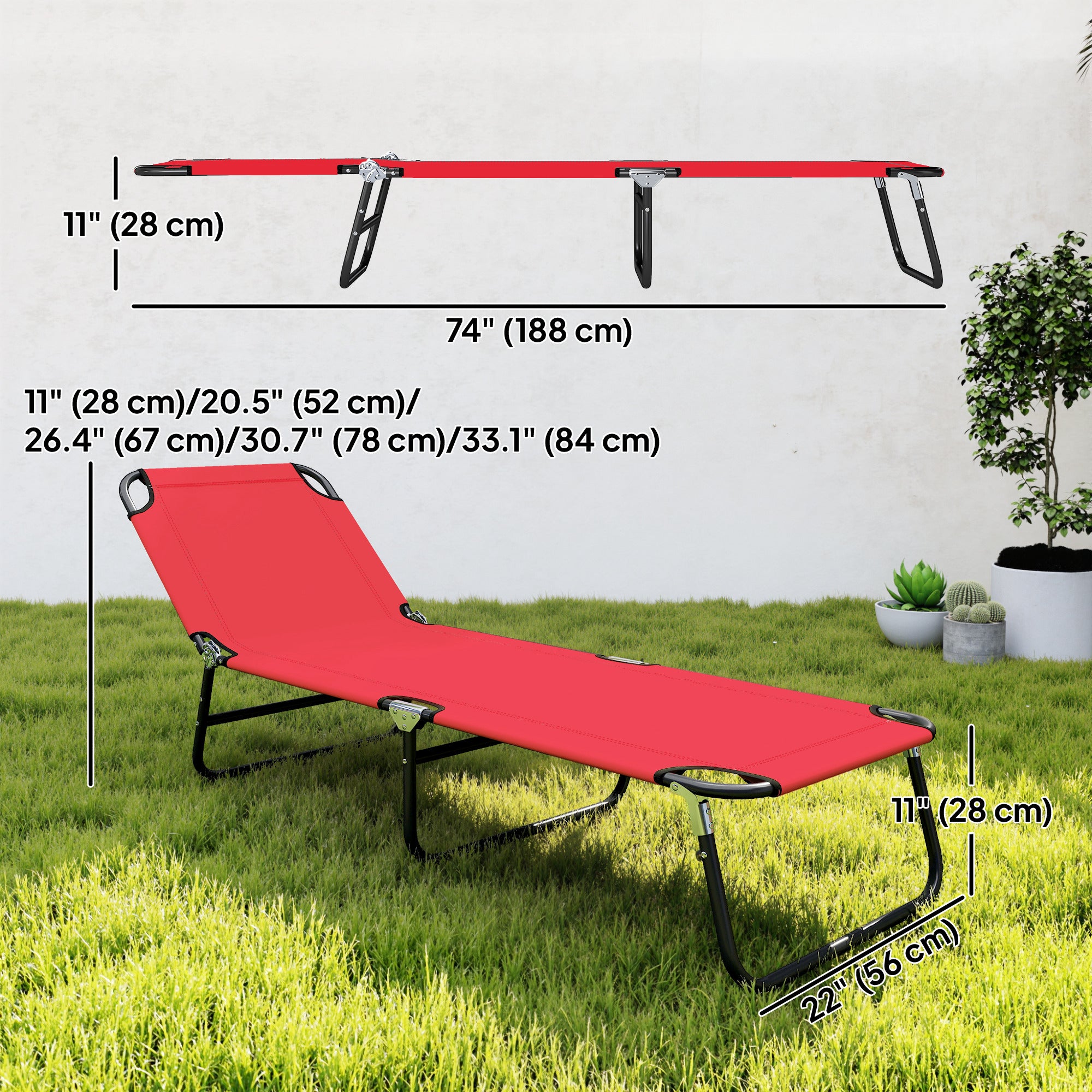 Outdoor Folding Lounge Chair, Steel Tanning Chair with Reclining Back, Breathable Mesh for Beach, Yard, Patio, Red