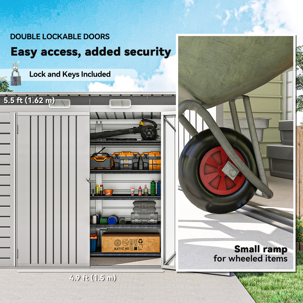 8 x 4FT Galvanized Garden Storage Shed, Metal Outdoor Shed with Double Doors and 2 Vents, Light Grey