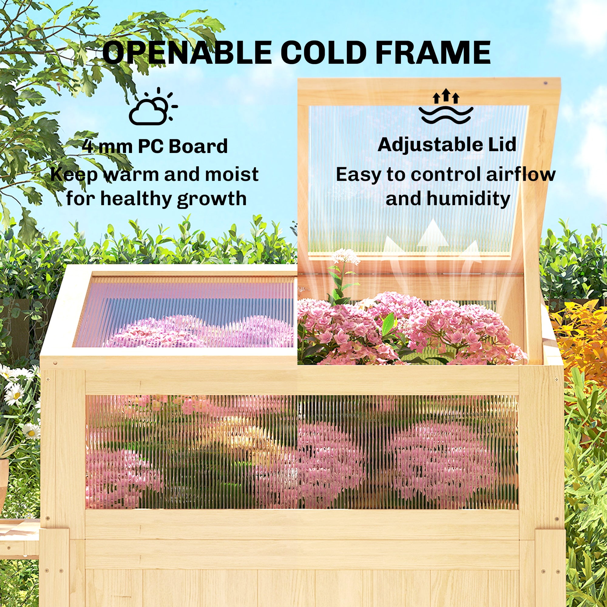 Raised Garden Bed Planter with Cold Frame, Wooden Elevated Planter Box with Folding Side Table and Shelf, Natural Wood