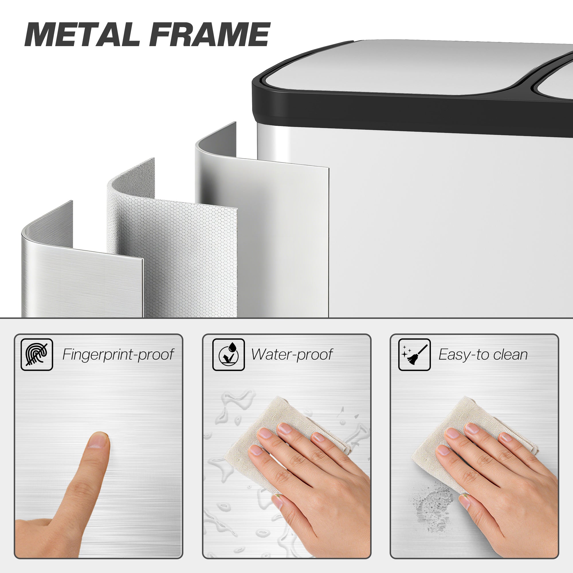 Kitchen Garbage Bin, 2 x 7.9 Gal (2 x 30 L) Trash Can, Soft-Close Garbage Can with Removable Inner Buckets, Silver