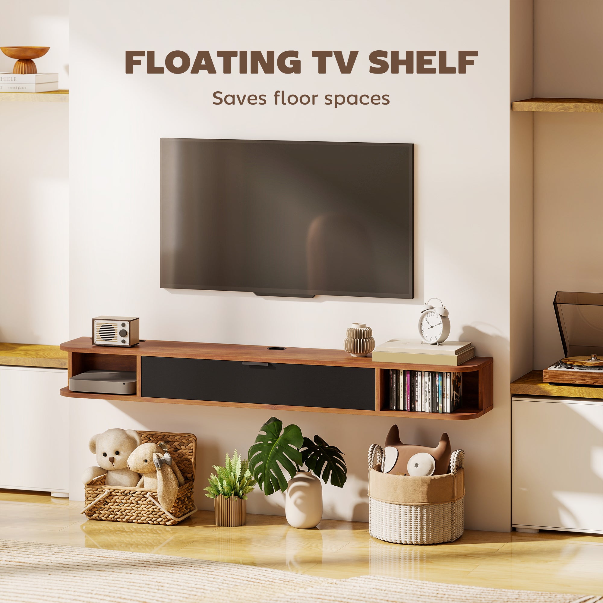 55" Floating TV Stand for TVs up to 60 Inch, Wall Mounted Media Console with Flip Drawer and 2 Open Shelves, Walnut